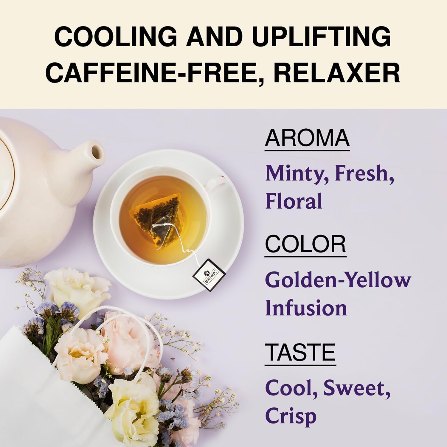 BREWIX, Lavender Mint Evening Blend Herbal Tea (25 Pyramid Tea Bags) Relaxaing & Calming Caffeine Free Tea with Peppermint, Lavender, Rosemary & Licorice Root | Naturally Sweet, No Sugar Added | Wind Down Herbal Tea