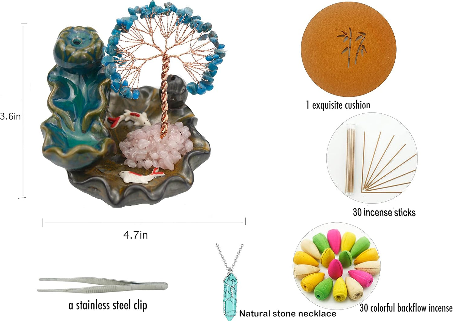 Waterfall Burner, Crystal Tree Backflow Incense Holder, with 30 Incense Cones, 30 Incense Stick, 1 Healing Crystal Necklace, Aromatherapy Anxiety Relief Items, Mom Gifts for Christmas
