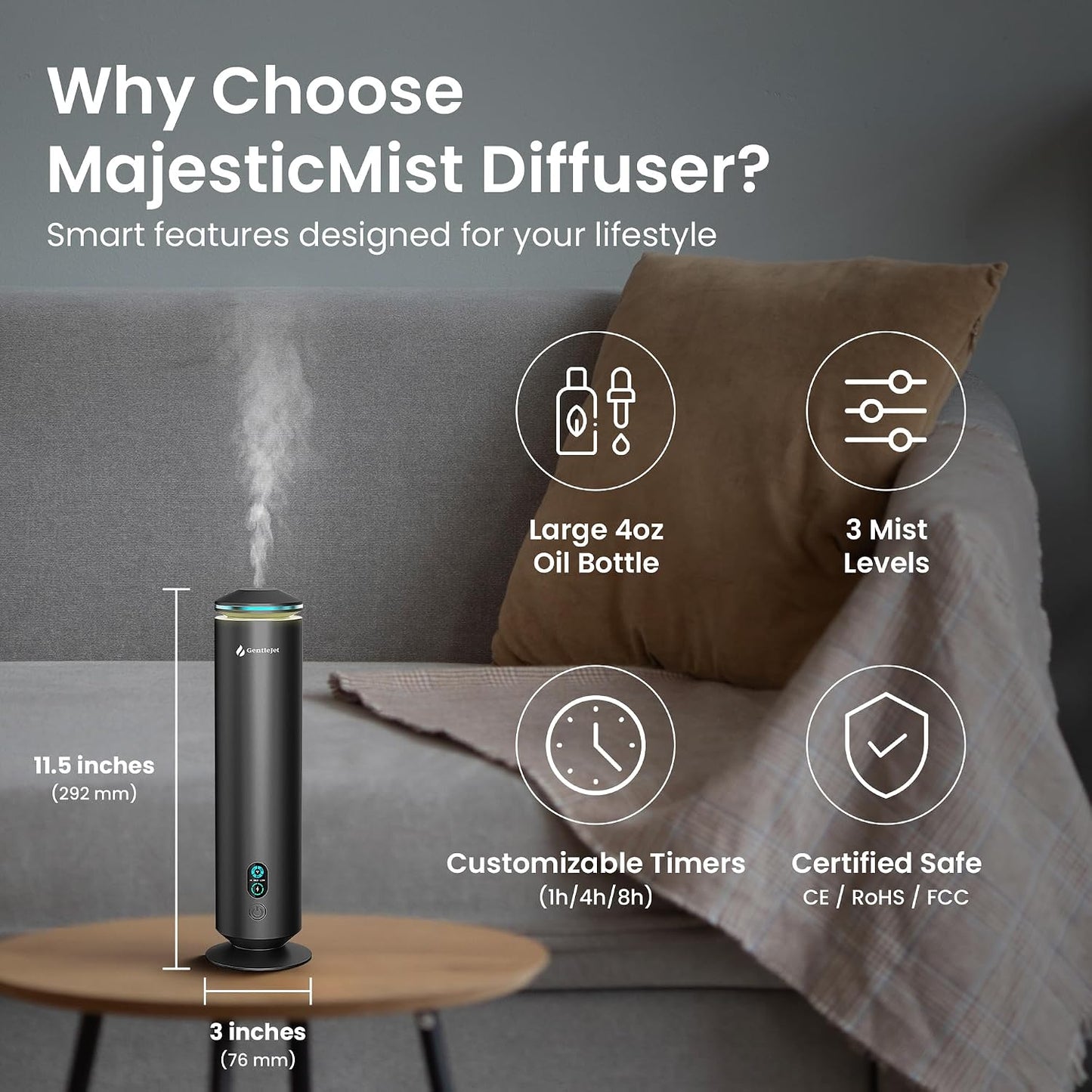 GentleJet MajesticMist Waterless Essential Oil Diffuser for Large Room (1000 sq ft), Cold Air Nebulizing Scent Machine, Rechargeable, Wireless Charging Base, Quiet Aluminum, Remote Control