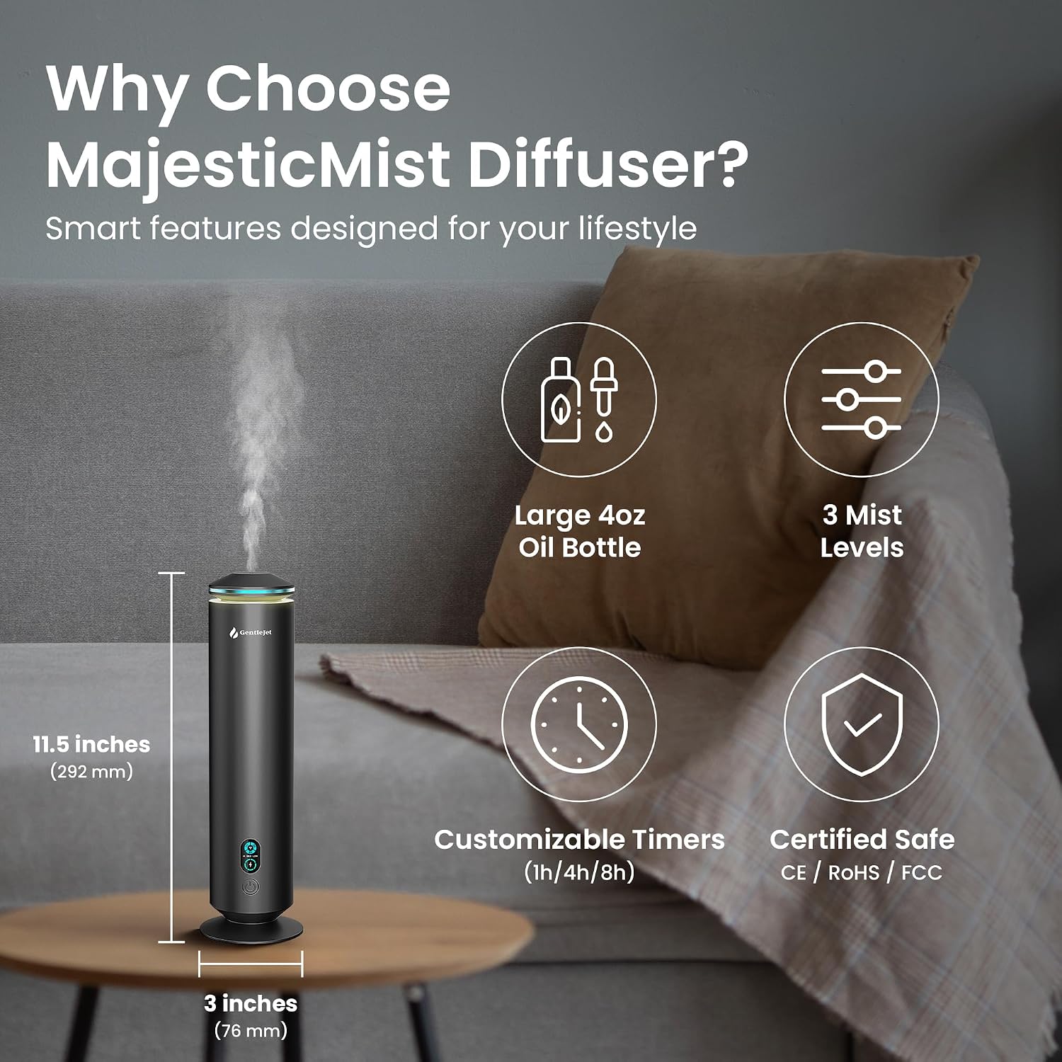 GentleJet MajesticMist Waterless Essential Oil Diffuser for Large Room (1000 sq ft), Cold Air Nebulizing Scent Machine, Rechargeable, Wireless Charging Base, Quiet Aluminum, Remote Control