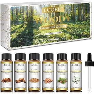 EUQEE 10ml Woody Essential Oils Set - Pure & Nature Essential Oils for Aromatherapy, Diffuser, Candle Making, Massage - Eucalyptus, Cedarwood, Sandalwood, Frankincense, Cinnamon