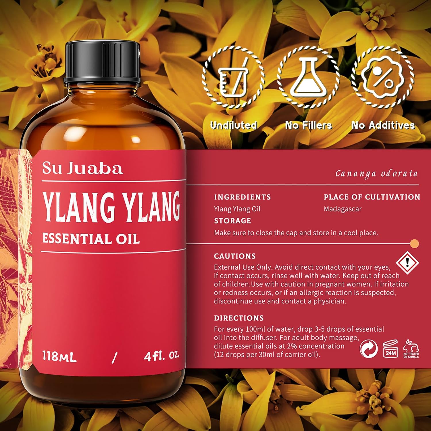 SU JUABA Ylang-Ylang Essential Oil 4 Oz, 100% Pure Natural Aromatherapy Oil for Diffuser, Skin Care, Hair & Perfume Making - 118ML