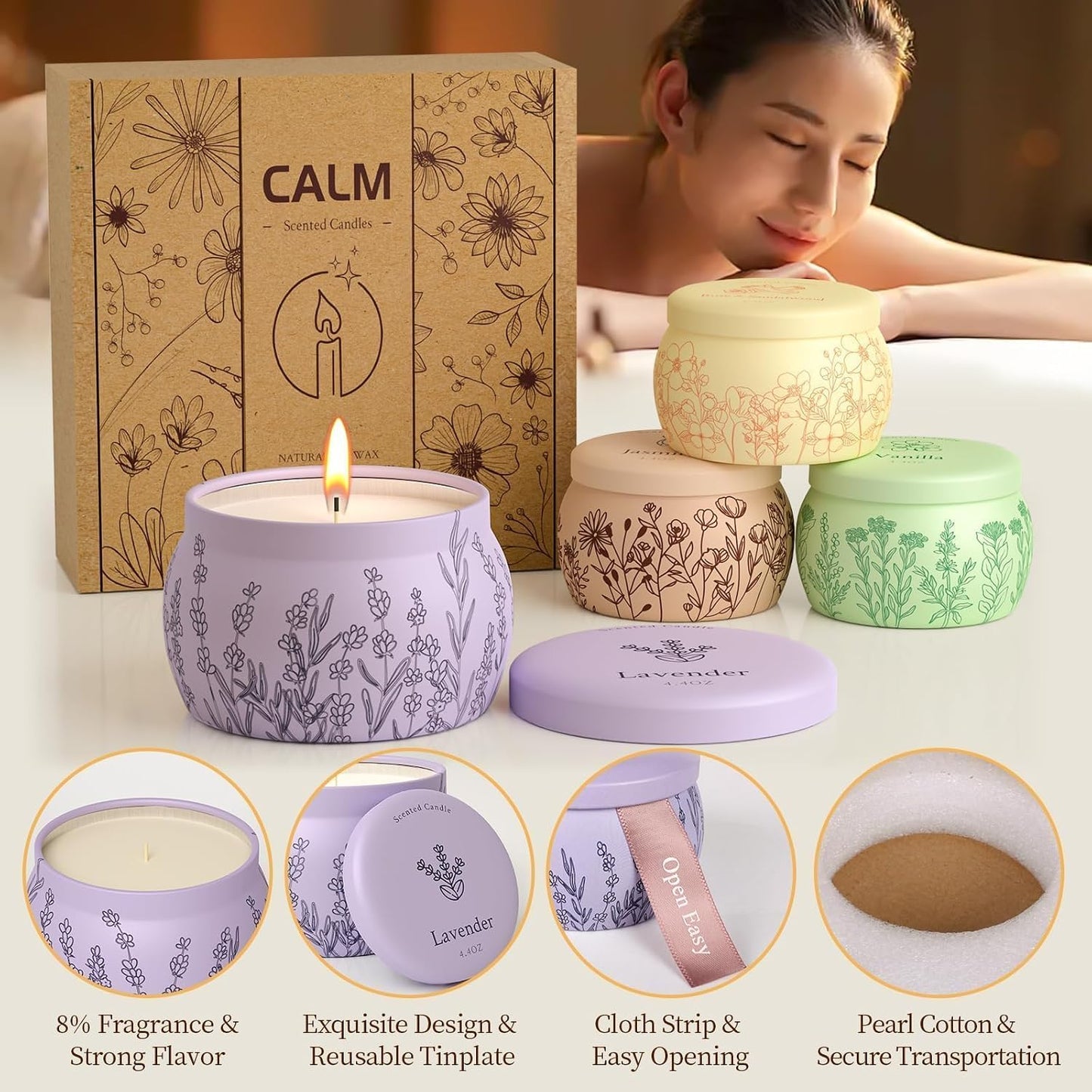 Scented Candles for Mom, 17.6oz Romantic Jar Candles for Women Girl Candle Set, 120H Burning, Soy Candle for Home Scented, Mother's Day,Birthday,Lavender | Vanilla | Rose & Sandalwood | Jasmine -4Pack
