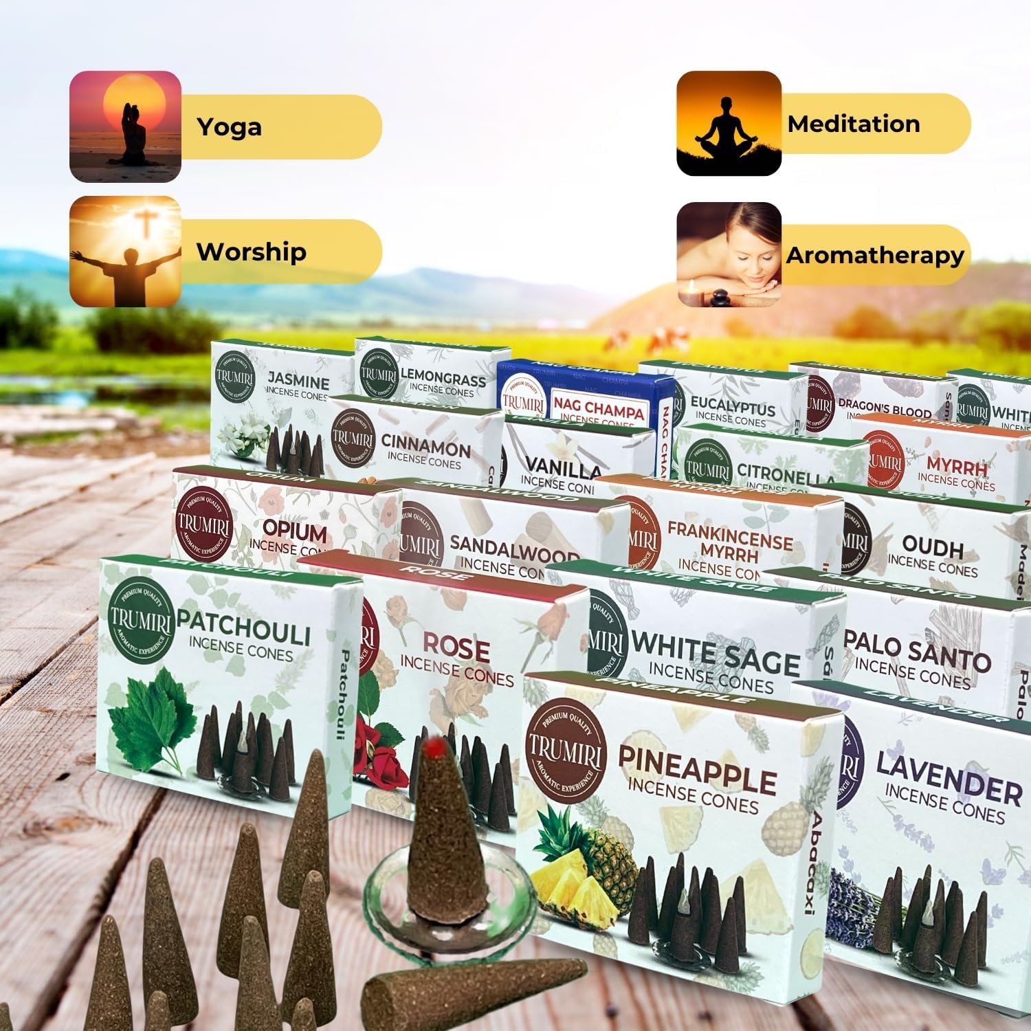 Trumiri Incense Cones Scented - 12 Random Scents - Insence Cones - Dhoop Cones - Large Long Lasting Insense Variety Pack - Inciensos - 10 Conos per Scent - Total 120 Cones