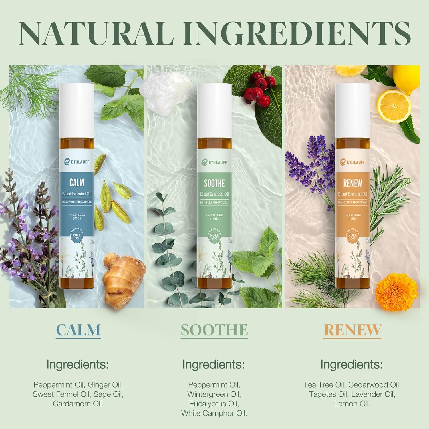 Essential Oil Roll On Set, (Calm,Renew,Dream,Head Relief), Aromatherapy Roll On Blends for Massage, Body Care & Home Use, Stress Relief Gift Men & Women