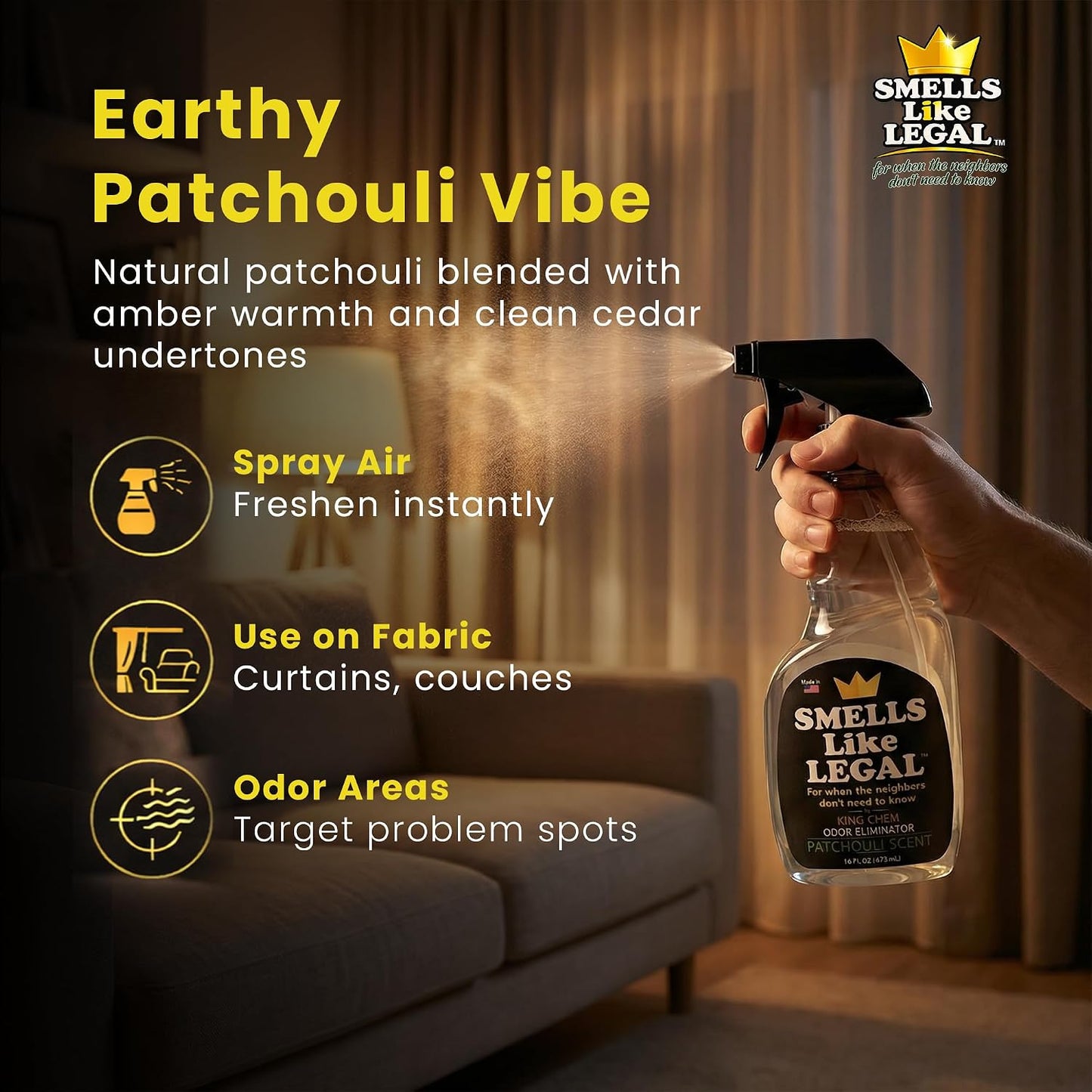 Smells Like Legal™ Patchouli Odor Eliminator Spray – Powerful Commercial-Grade – Eliminates Smoke, Pet & Food Odors at source – Fabric-Safe, Non-Staining – Biodegradable Air & Fabric Freshener – 16 oz