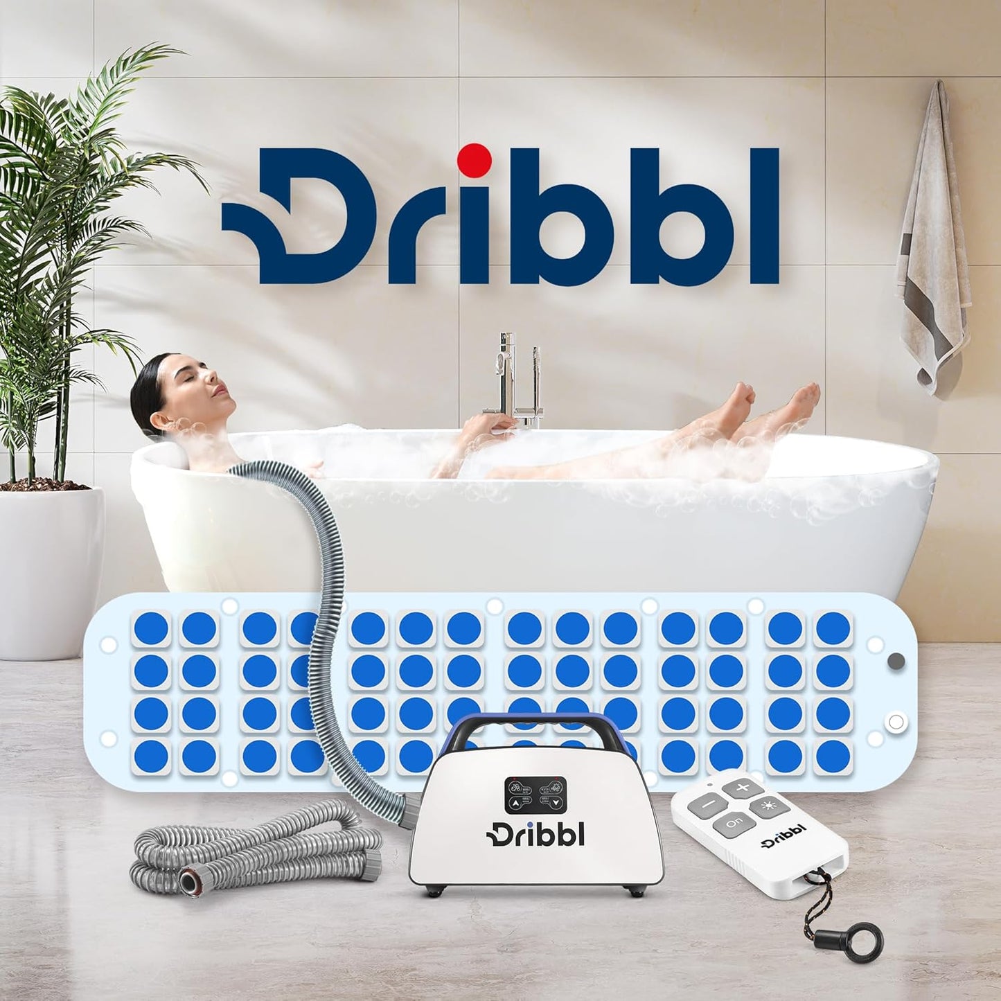Dribbl Electric Bubble Massage Bathtub Mat – Non-Slip Full-Body Waterproof Hot Tub Spa Mat for Bath with Heater, Motorized Air Pump, and Remote Control, 6-Speed Adjustable Massage, Blue