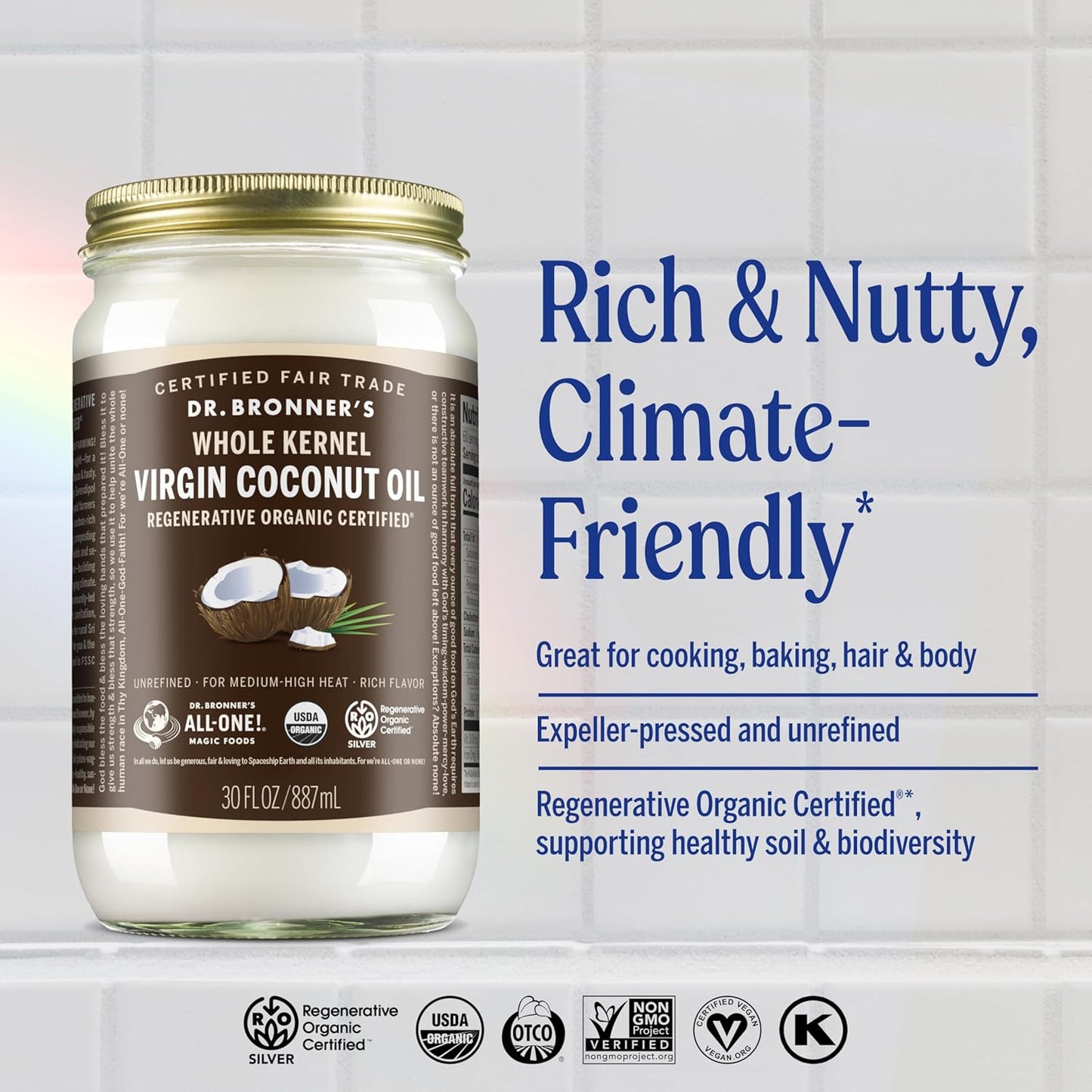 Dr. Bronner's - Organic Virgin Coconut Oil (Whole Kernel, 30 Ounce) - Coconut Oil for Cooking, Baking, Hair and Body, Unrefined and Fresh-Pressed, Rich and Nutty Flavor, Fair Trade, Vegan, Non-GMO