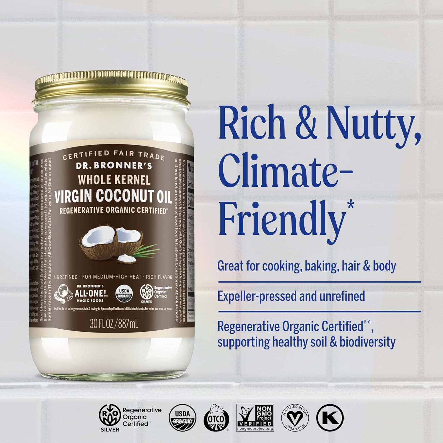 Dr. Bronner's - Organic Virgin Coconut Oil (Whole Kernel, 30 Ounce) - Coconut Oil for Cooking, Baking, Hair and Body, Unrefined and Fresh-Pressed, Rich and Nutty Flavor, Fair Trade, Vegan, Non-GMO