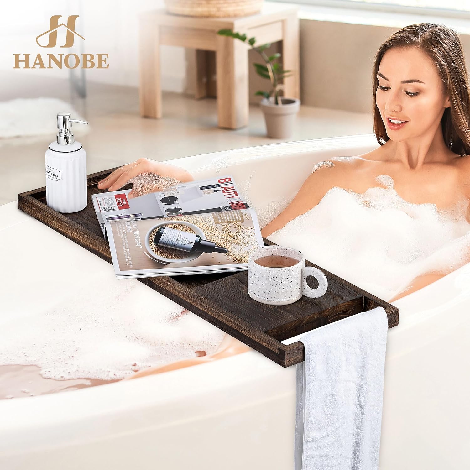 Hanobe Bathtub Tray Bath Caddy: 31" Wooden Tub Shelf with Handles Simplicity Farmhouse Rustic Wood Board for Bathroom Organizer Home SPA