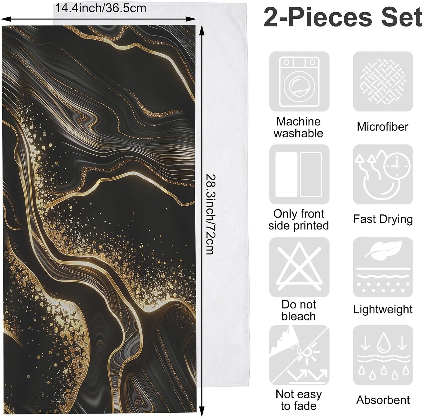 Hand Towels for Bathroom Black Gold Marble Kitchen Towels Set of 2 Soft Breathable Highly Absorbent Bath Towels for Bath Guest Gym Spa, 14.4x28.3 Inch