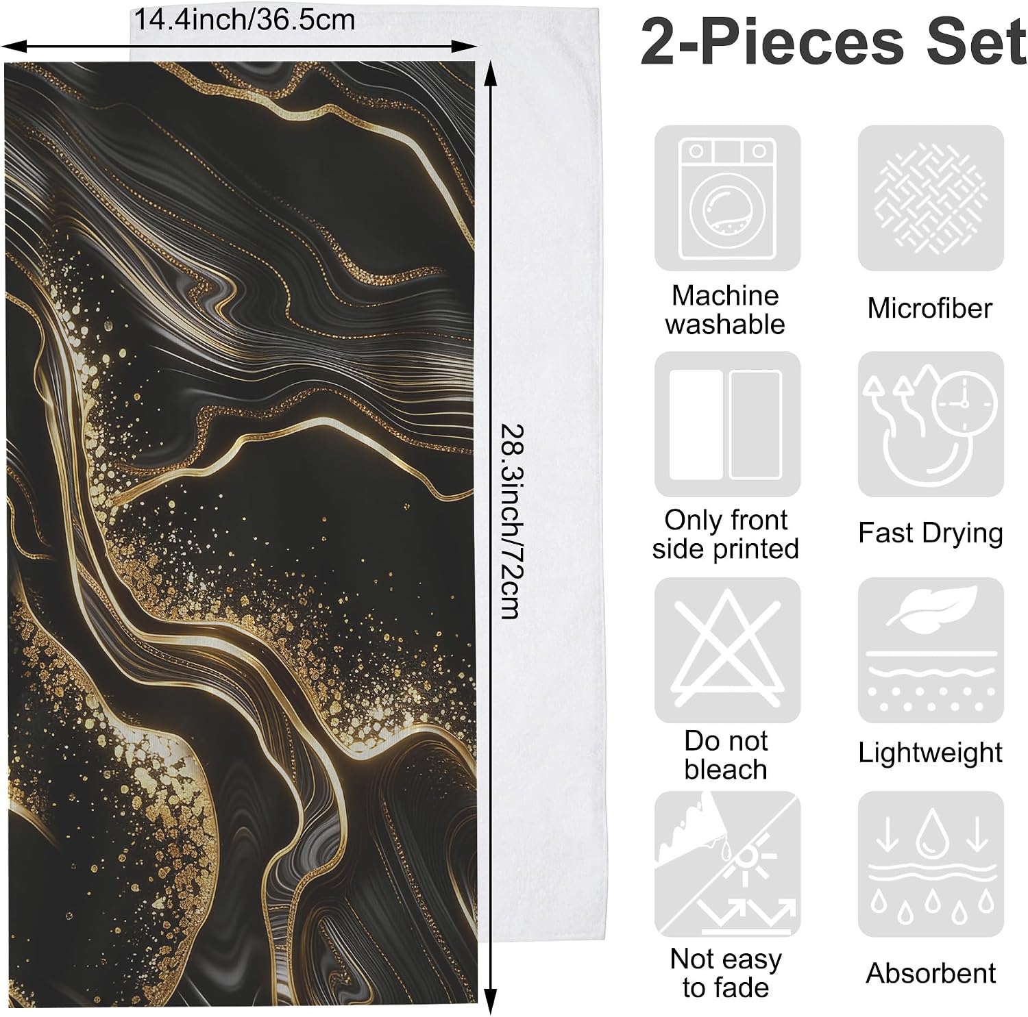 Hand Towels for Bathroom Black Gold Marble Kitchen Towels Set of 2 Soft Breathable Highly Absorbent Bath Towels for Bath Guest Gym Spa, 14.4x28.3 Inch