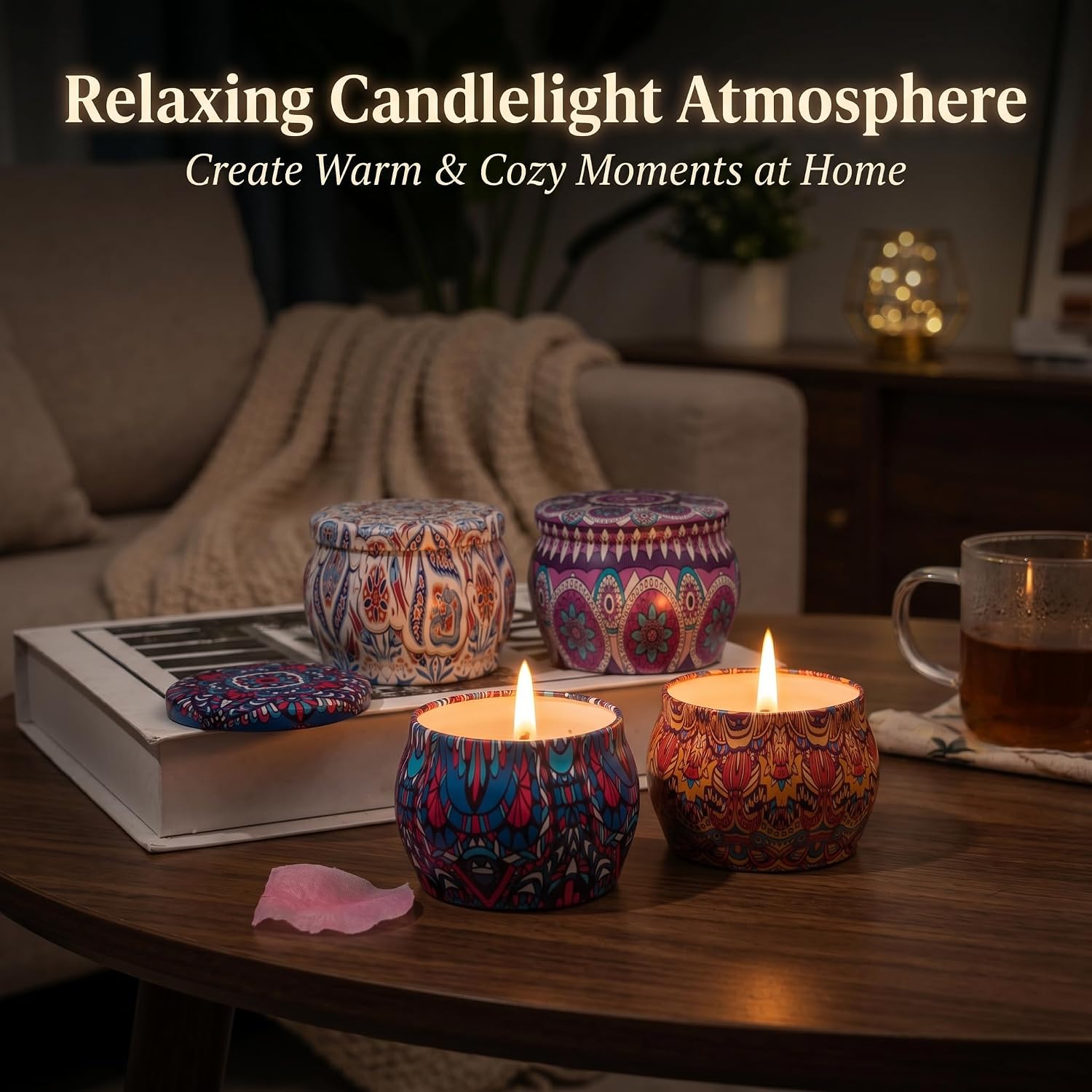 Topadorn 4 Pack Scented Candles Gift Set, Soy Wax Aromatherapy Candles in Decorative Boho Tins, Lavender Rose Vanilla Lemon Candle Gift Box for Women, Home Decor & Relaxation