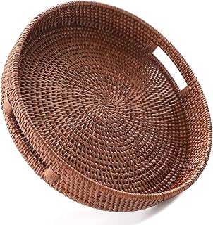 HITOMEN 11.8" Hand-Woven Round Rattan Serving Tray Decorative Wicker Trays with Handles for Coffee Table (Brown-M)