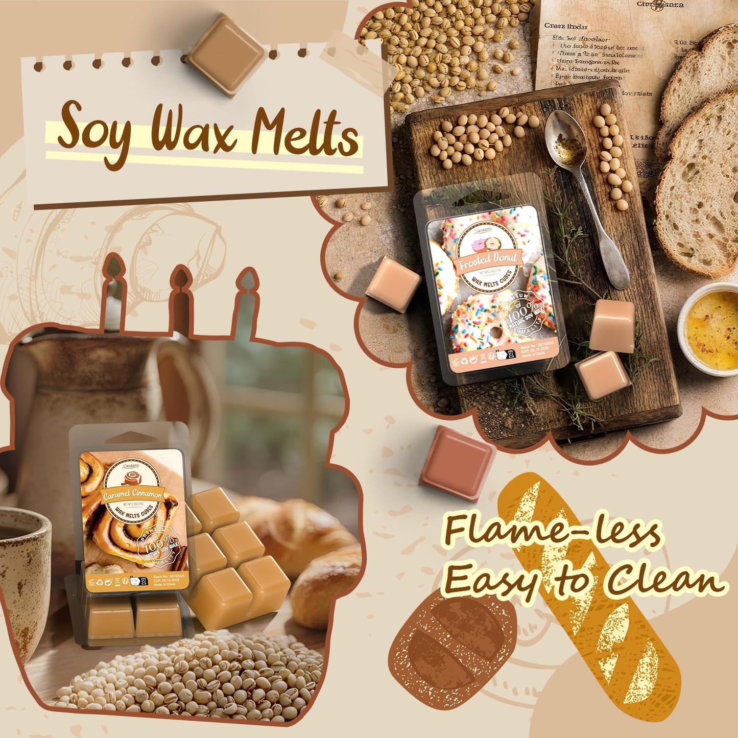 Bakery Scented Wax Melts, Sweet, Strong Scented Soy Wax Cubes/Tarts Variety Set - Apple Pie, Pumpkin Pie, Caramel Cinnamon, Chocolate Cookie, Donut, Vanilla Almond Biscuit, Roasted Coconut, Toffee