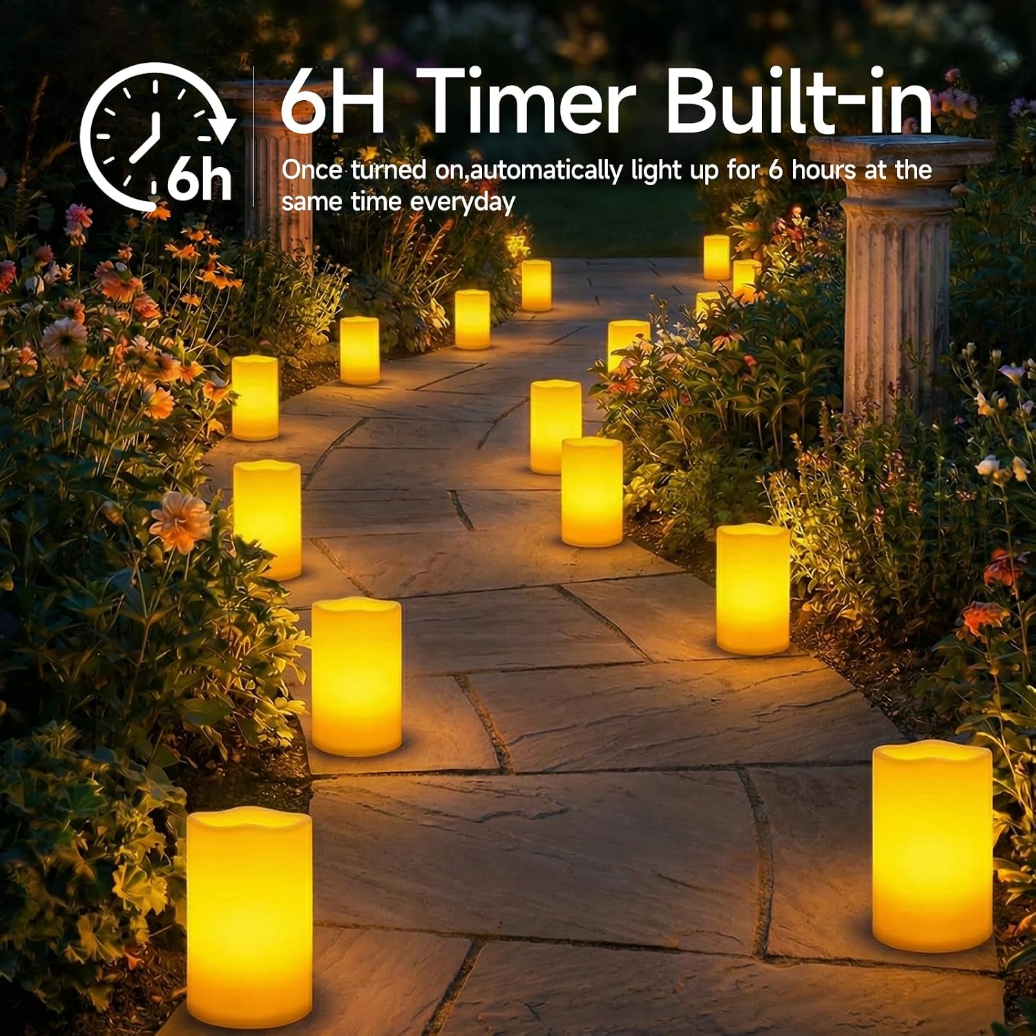 Homemory 6" x 9" Extra Large Outdoor Waterproof Candle with Auto 6-Hour Timer, No Remote, Ivory Plastic Made, Long Last for Half A Year