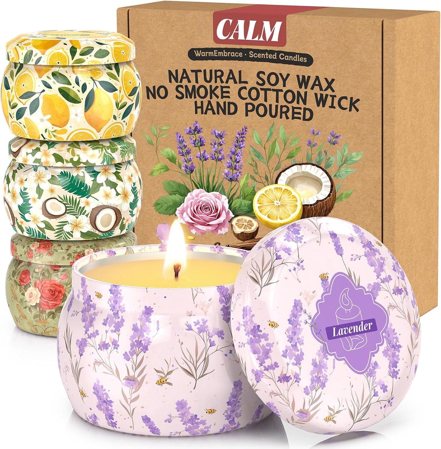 WarmEmbrace Scented Candles for Women, 4 Pack Soy Candle Set, 4.4OZ Candles for Home Scented, Candle Gift Set for Women, Lavender/Coconut and Christmas Holiday Candles, Valentines Day Gifts