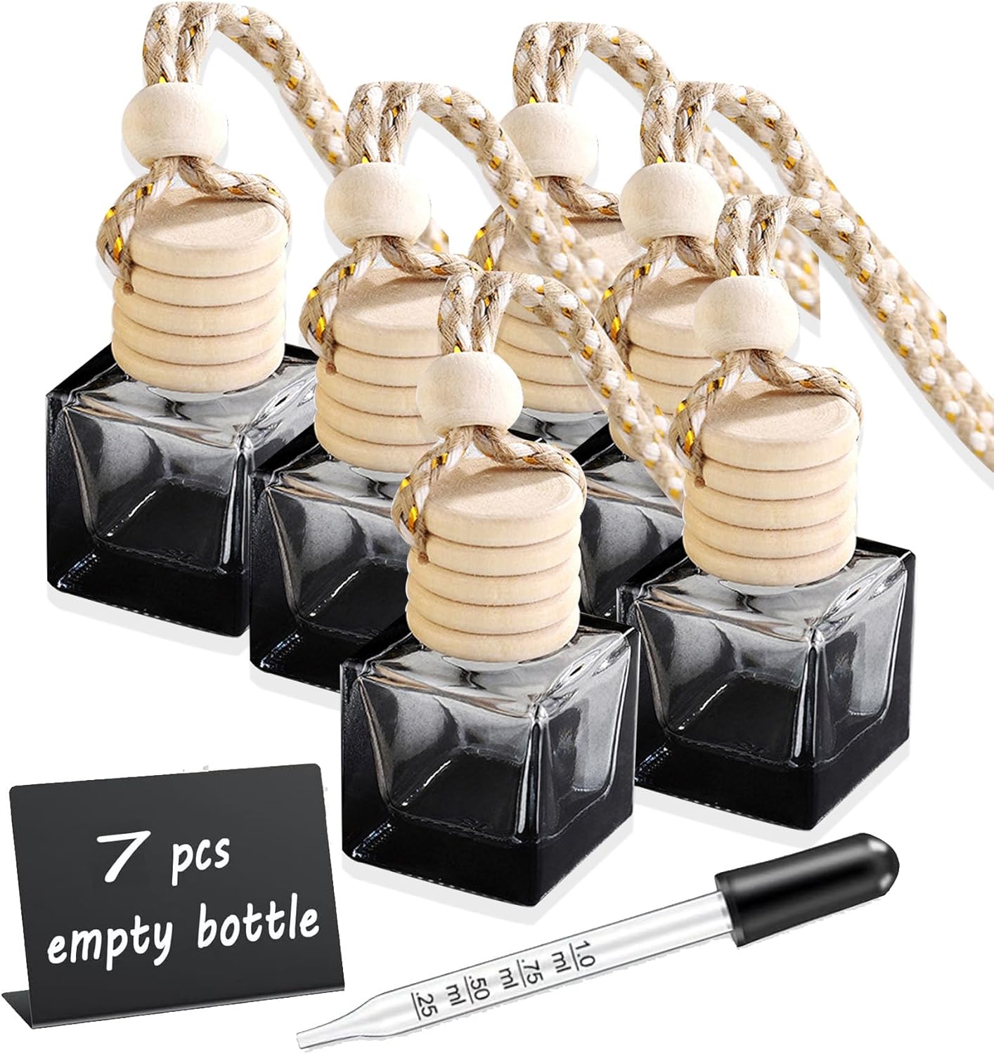 7 Pcs 8ml Hanging Car Air Freshener Diffuser,Empty Black Gradient Glass Essential Diffuser Oil Aromatherapy Fragrance Perfume Pendant Glass Vials with Wooden Caps (Square, 8ml)