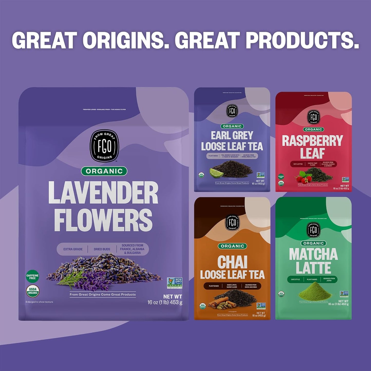 FGO Organic Dried Lavender Flowers, Extra Grade Dried Buds, Imported From France for Culinary or Sachet Bags, 16oz Bulk, Packaging May Vary (Pack of 1)