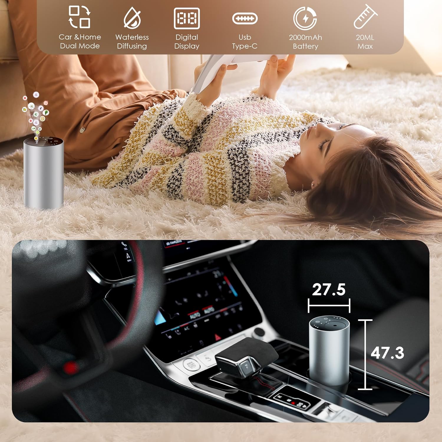Essential Oil Diffuser with 3 Spray Modes, Battery Operated, LED Timing Display, Aromatherapy Diffuser, 1/4/8-Hour Timer, 10ml Oil Bottle, and 3 Mist Settings for Home, Car (New Silver)