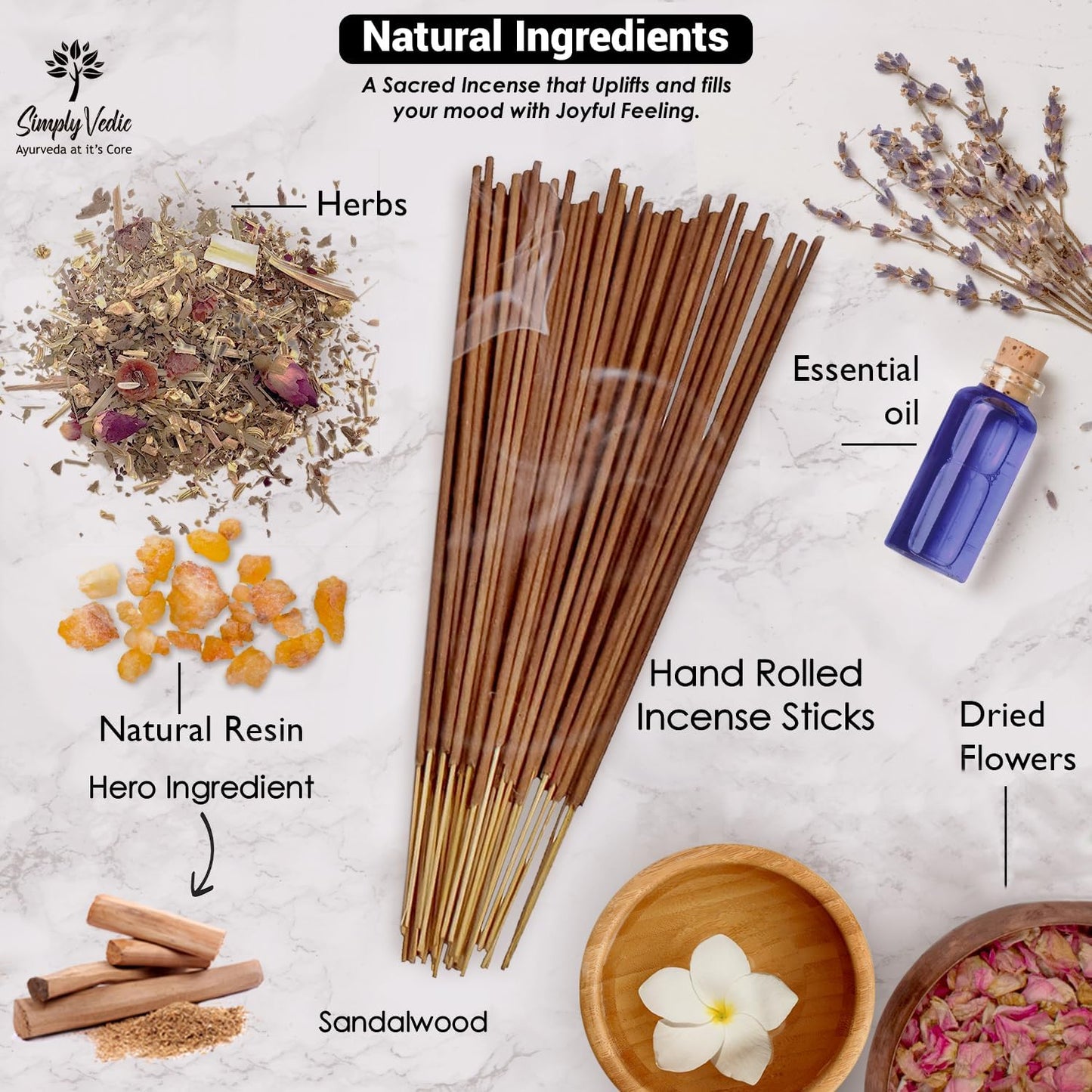 Simply Vedic Sandalwood Incense Sticks 250g (Approx. 135 Handmade Sticks) with Free Holder | 45 Min Burn | Natural Charcoal-Free Agarbatti for Meditation, Yoga, Aromatherapy, Relaxation