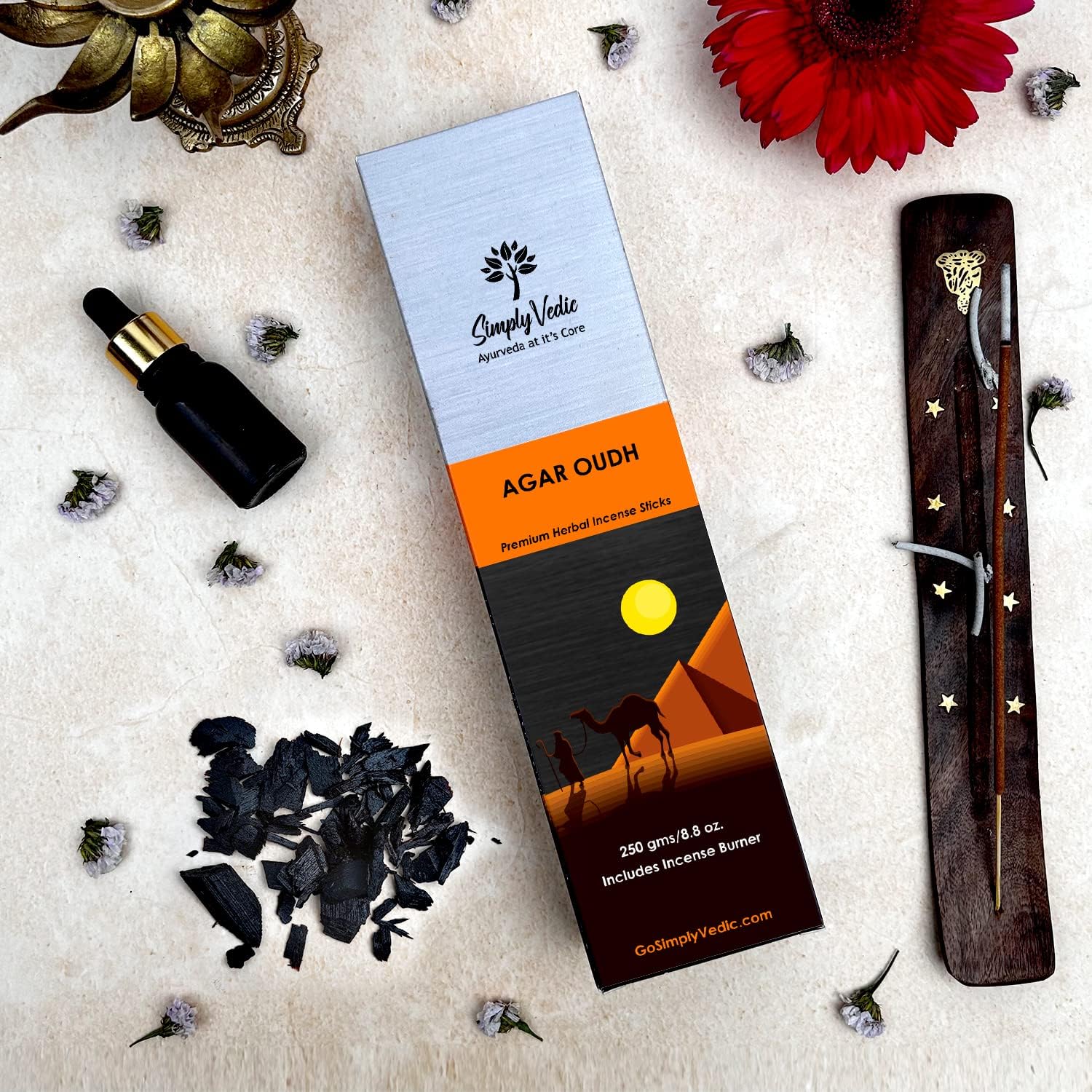 Simply Vedic Agar Oudh Incense Stick (Approx 135 Sticks, 250 Grams) Premium Handmade Agarbatti with Insense Holder| Lasts 45 Minutes| for Aromatherapy, Meditation, Yoga, Home & House Decor- Gift Set