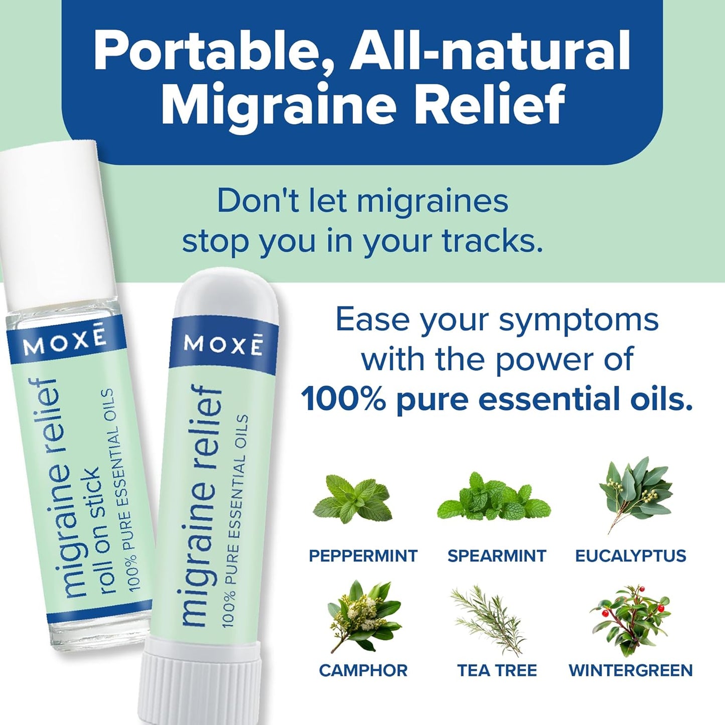 MOXE Migraine Rollon Stick & Nasal Inhaler, Fast Cooling Comfort for Headaches & Tension, Non-Medicated Soothing Vapors, Peppermint, Eucalyptus, and Other Essential Oils, Metal Roller, Made in USA