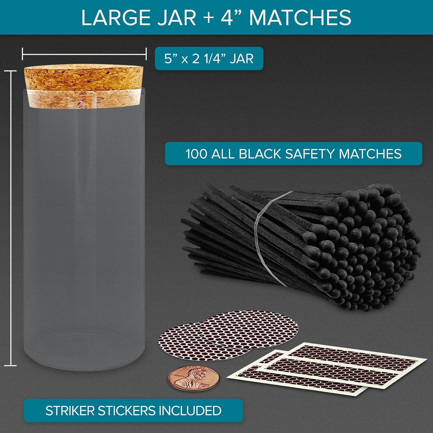 Decorative Matches in a Glass Jar | 4" All Black Long Matches (100 Match Sticks) + Cork Top Glass Holder + Striker Stickers | Gifts, Décor, & Candle Accessories | by Thankful Greetings, USA