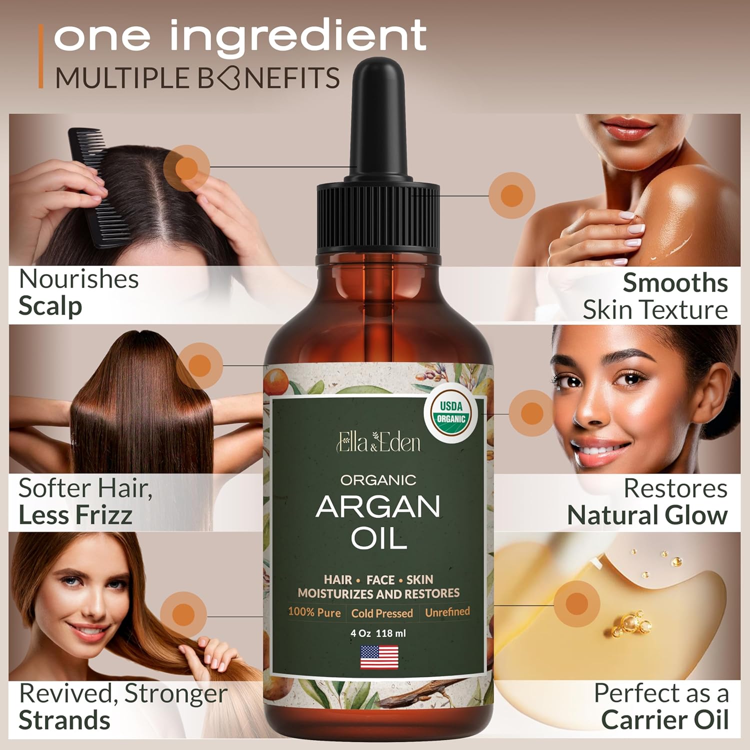 Ella & Eden Organic Argan Oil Of Morocco - 100% Pure Cold-Pressed USDA Certified Unrefined Moroccan Argan Oil for Hair, Face & Skin – 4 Fl Oz Glass Bottle