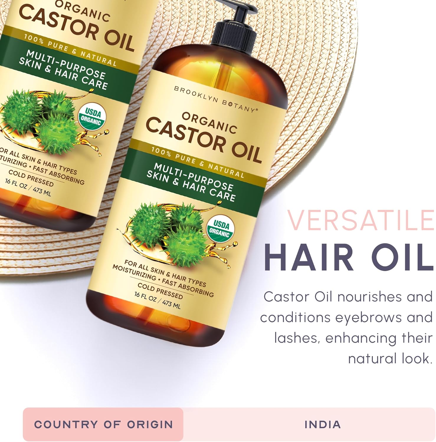 Brooklyn Botany Cold-Pressed Organic Castor Oil | 16 Fl Oz | Hair | Face | Body | 100% Pure and Natural | Carrier Oil | Aromatherapy | Massage | Ayurvedic Hair Care | Hexane-Free