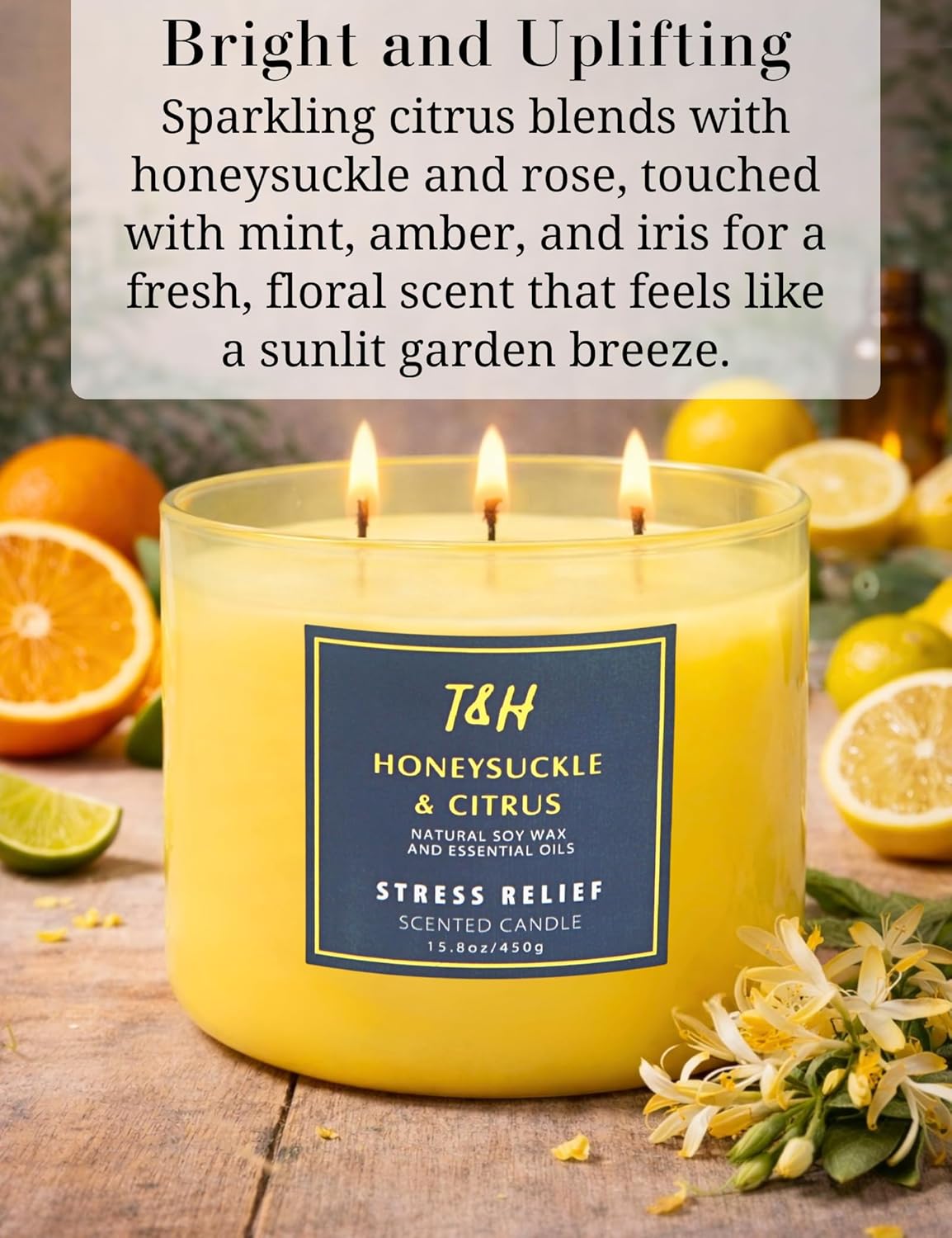 Honeysuckle Citrus Scented Soy Candle | Large 3-Wick Candle for Home, 15.8 oz | Fresh Floral Citrus Candle | Summer Candles for Women & Men | Thank You & Hostess Gifts for Women