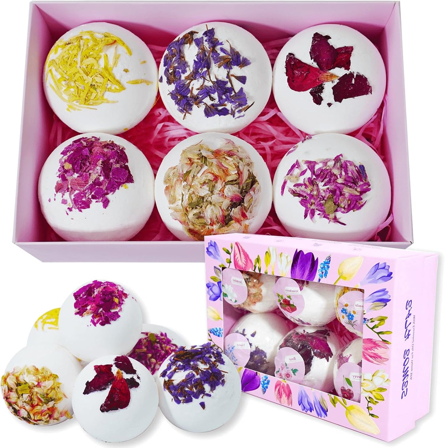 Aromatherapy Bath Bombs with Dried Flower Petals - 6 Pack Large Bath Bomb Handmade SPA Gift Set for Women, Moisturizing Natural Essential Oil Fizzies for Stress Relief & Relaxation Home SPA