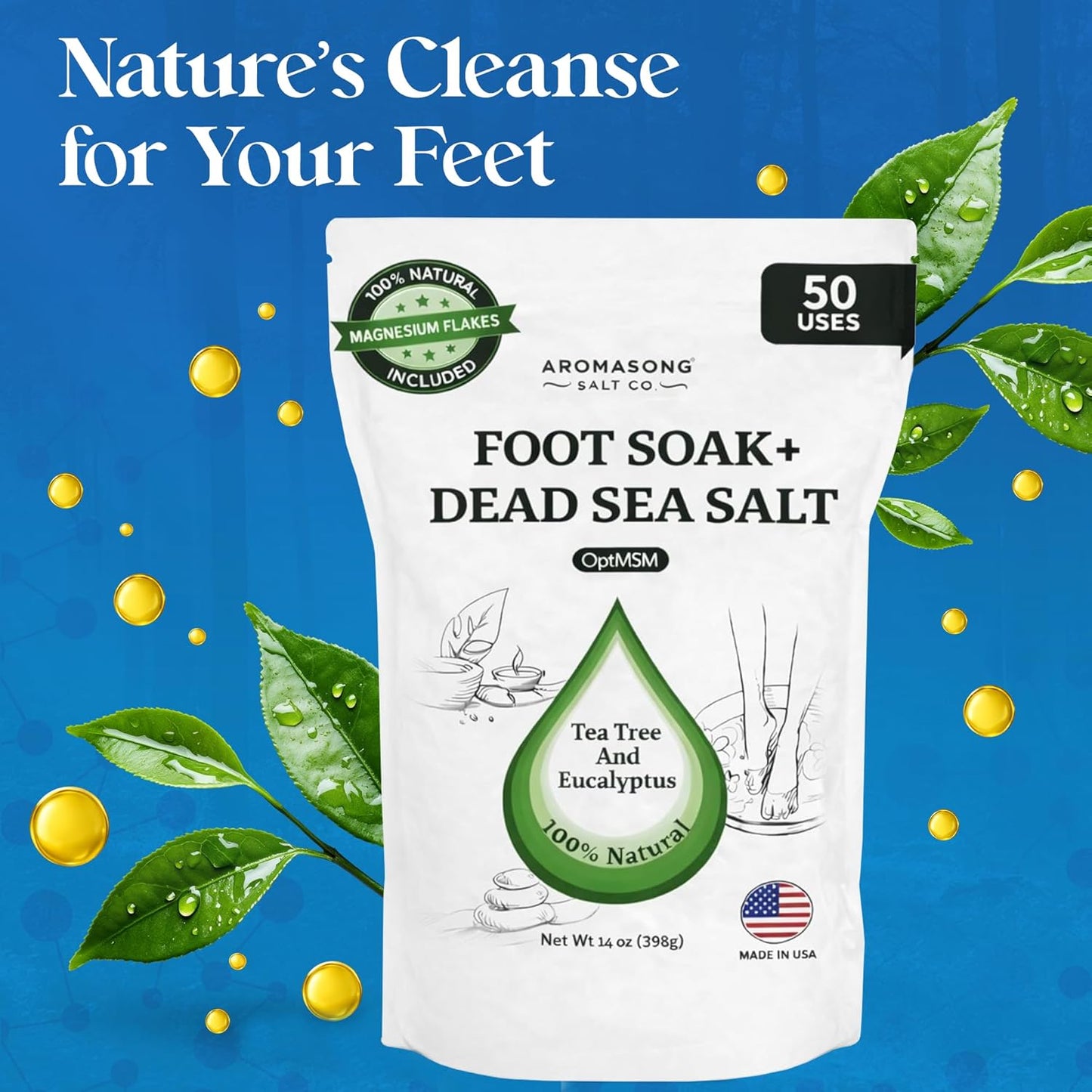 Aromasong Tea Tree Foot Soak with Dead Sea Salt & Magnesium Flakes – Refreshing Foot Bath Salts for Relaxation, Odor Control & Soft Skin (Packaging May Vary)
