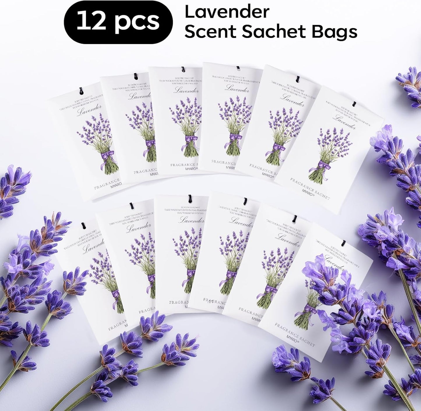 MYARO 12 Pack Lavender Scented Sachets | Odor Eliminator & Air Freshener for Drawer, Closet, Car, Shoes, Gym Bag, Suitcase | Home Fragrance Gift Set