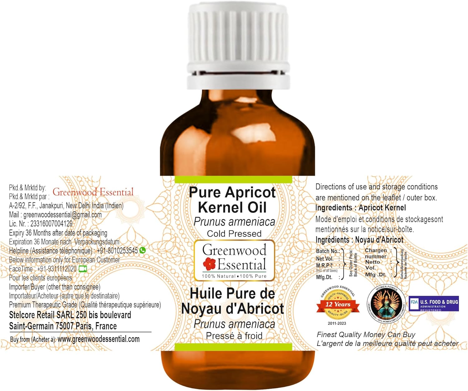 Greenwood Essential Apricot Kernel Oil (Prunus armeniaca) | Cold Pressed | Natural | Undiluted | for Diluting Essential Oils | for Skin & Massage | Men & Women | 30ml (1 oz)