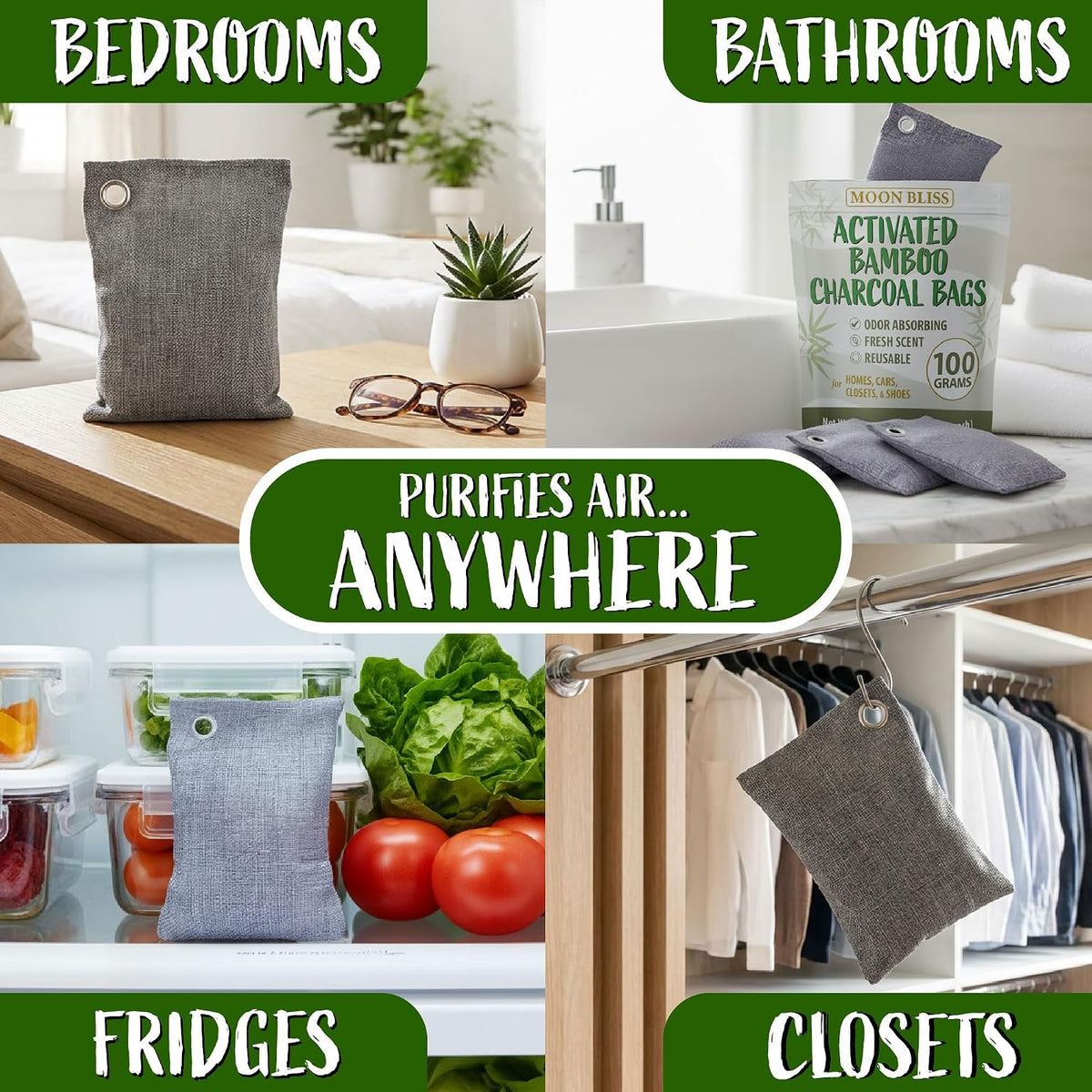 Activated Charcoal Odor Absorbers for Strong Odors in Homes, Cars, &amp; Shoes - Reusable Moisture Absorbers - Sustainable Odor Absorbers - Room Air Freshener - 10 Activated Bamboo Charcoal Bags (100g)