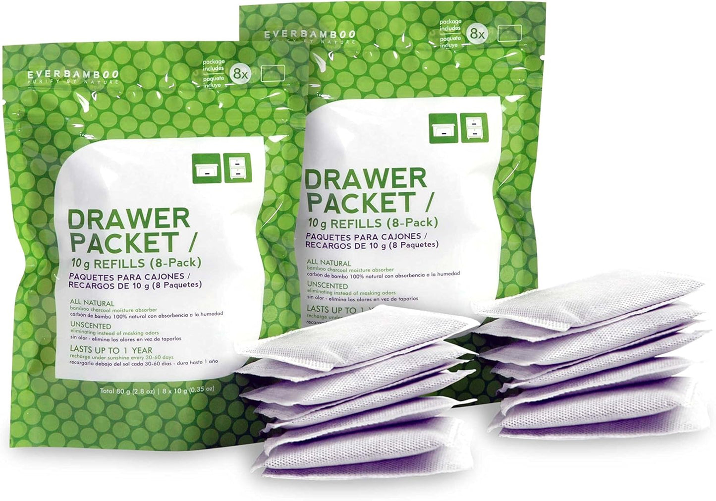 Ever Bamboo Drawer Deodorizer & Dehumidifier - Natural Bamboo Charcoal Odor Absorber, 8 x 10g. Twin pack