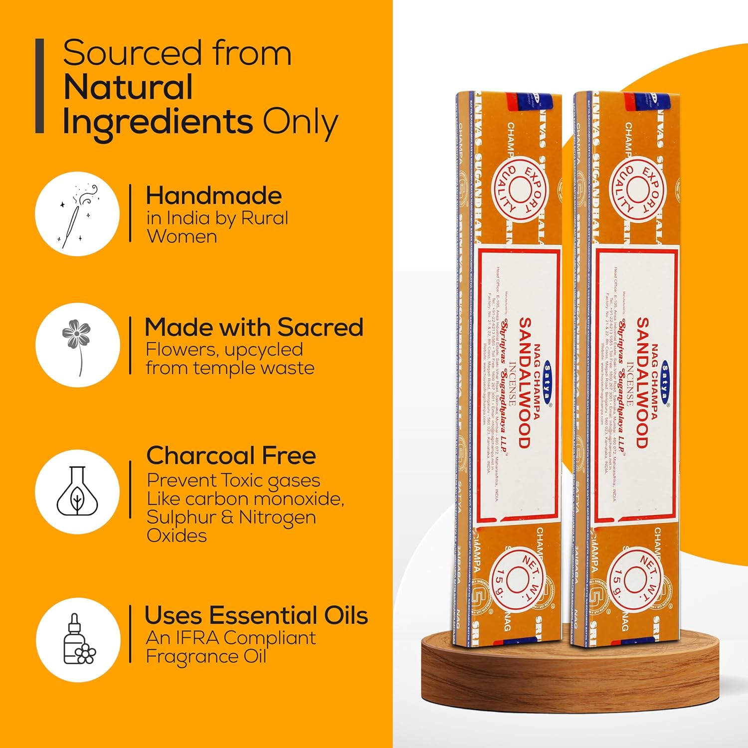 Satya Sandalwood Incense Sticks 180 gm (15GM X 12 Pack) from Satya Sai Baba Nag Champa and Raajsee Incense Sticks Holder Bundle, Free from Chemicals,Natural Insenses