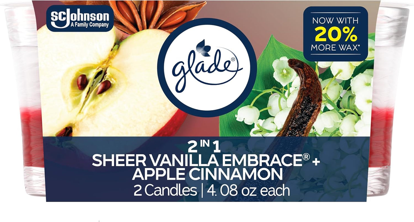 Glade 1-Wick 2in1 Scented Candle Jar, Sheer Vanilla Embrace & Apple Cinnamon, Air Freshener Infused with Essential Oils, 4.08 Oz, 2 Count