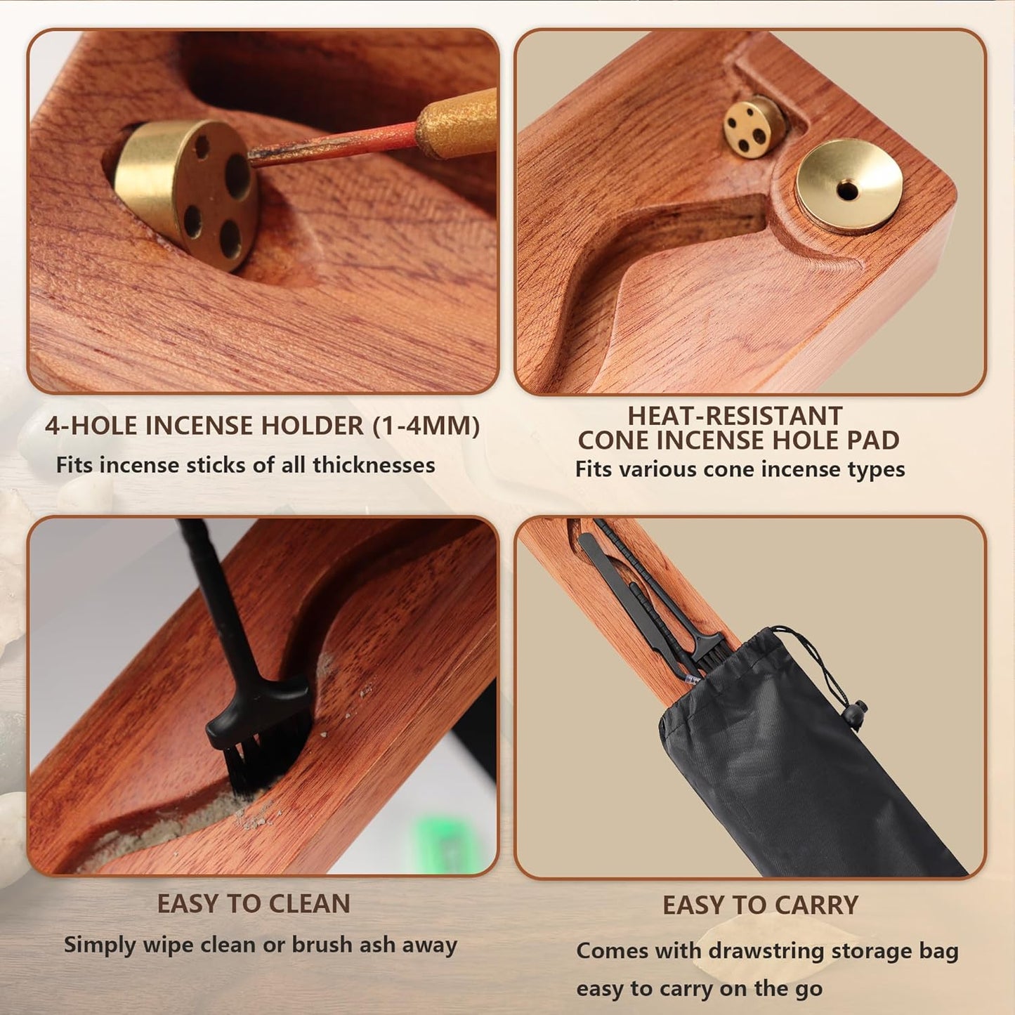 2 in 1 Wooden Incense Holder Sticks with Backflow Incense Cone Burner,Multi-Hole Fits All Thicknesses Sticks,for Meditation Yoga Home Gift