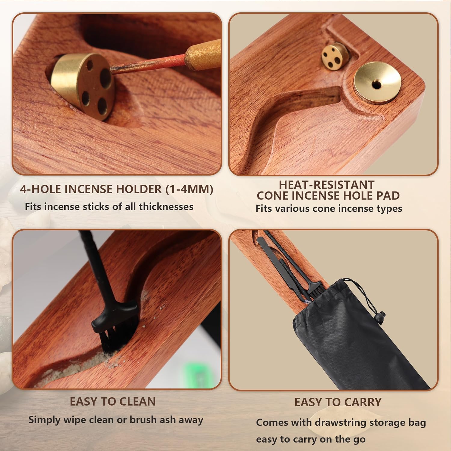 2 in 1 Wooden Incense Holder Sticks with Backflow Incense Cone Burner,Multi-Hole Fits All Thicknesses Sticks,for Meditation Yoga Home Gift