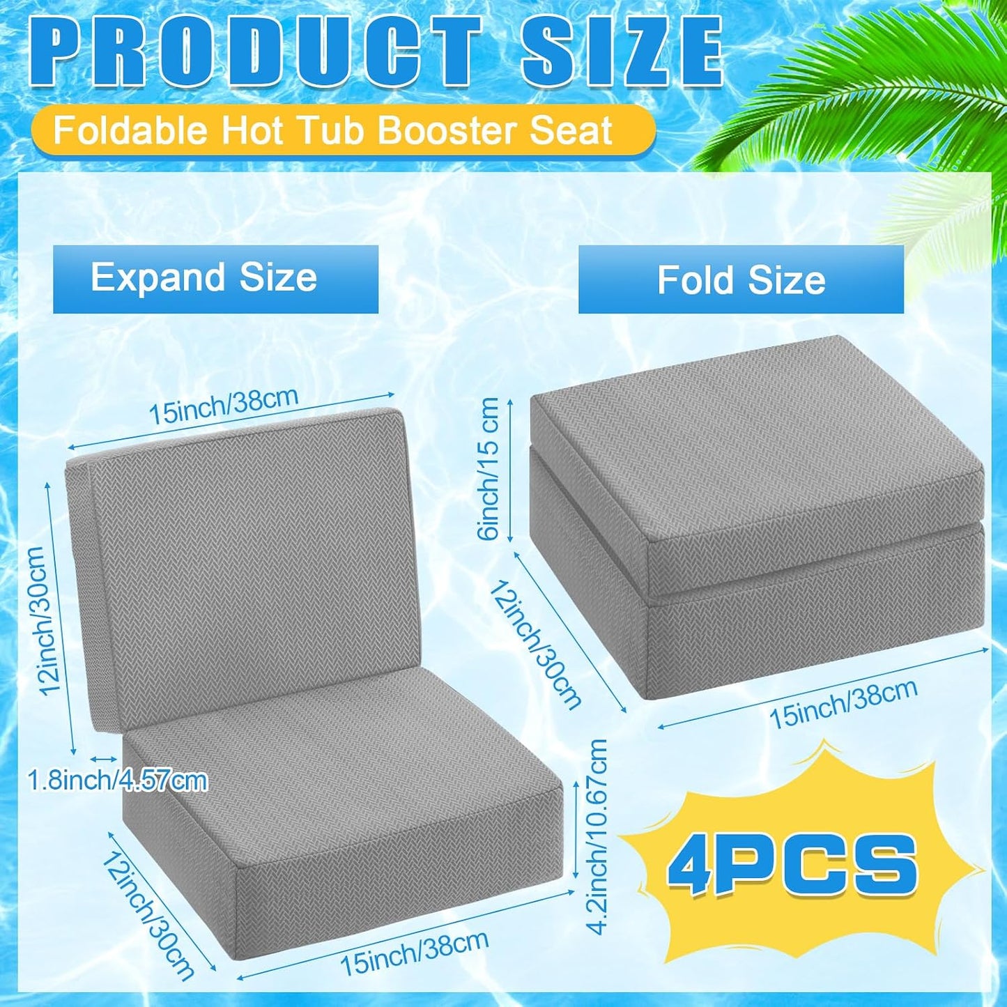 4 Pcs Foldable Hot Tub Booster Seat with Back Thick Hot Tub Pillow Adjustable 2 Heights Bath Seat Weighted Bathtub Booster Cushion Washable Spa Cushion for Indoor or Outdoor (Gray)