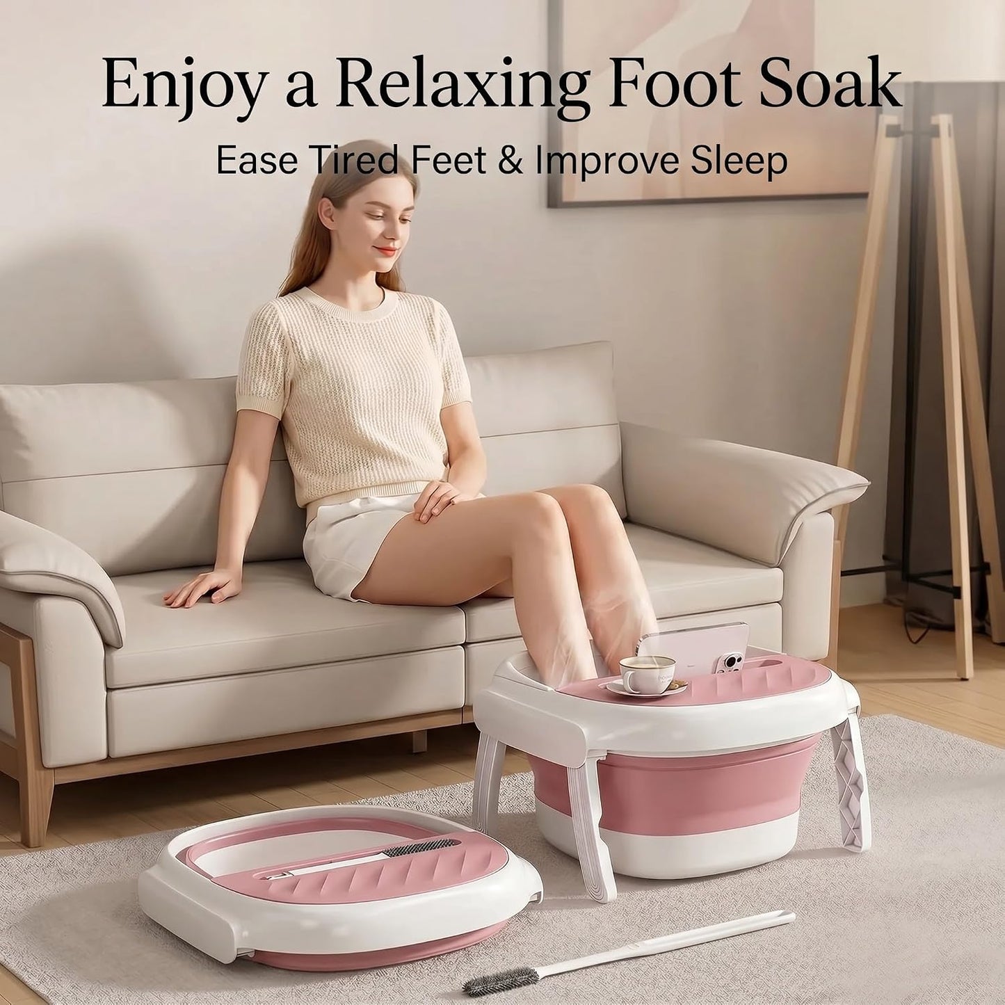 Collapsible Foot Bath Tub with Long Handle Foot Brush, Foldable Foot Soaking Tub with Insulated Lid & Sturdy Support Frame, Pedicure Foot Spa Basin for Men Women Home Travel (Pink)