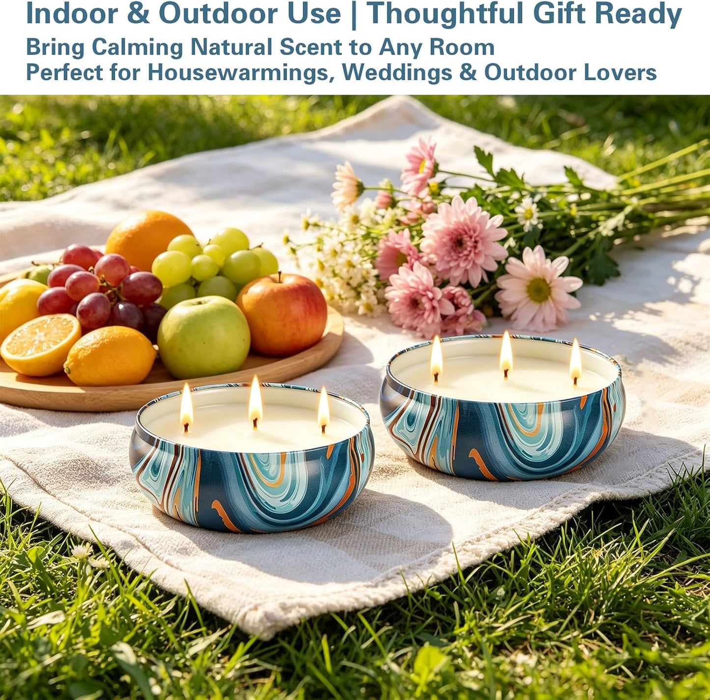 Citronella Candles Outdoor for Patio, 12oz Large 3-Wick Natural Soy Wax Candle, 2 Pack, Total 160H Long Lasting Citronella Oil Candle with Lids, Blue Marble Tin for Backyard, Deck, Camping, Indoor