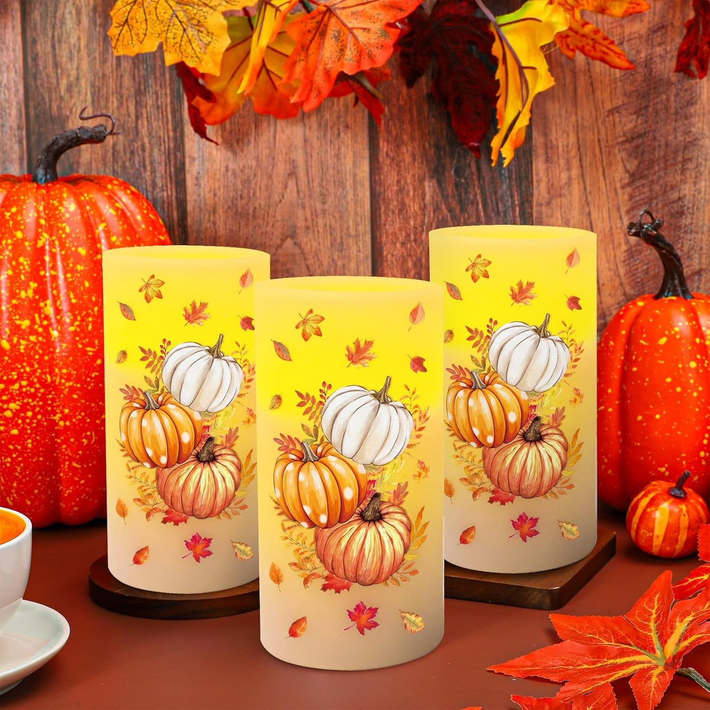Whaline Fall LED Flameless Candles Orange Pumpkin Warm Light Battery Operated Pillar Candles Autumn Electric Flickering Candle for Thanksgiving Party Home Decor, Set of 3