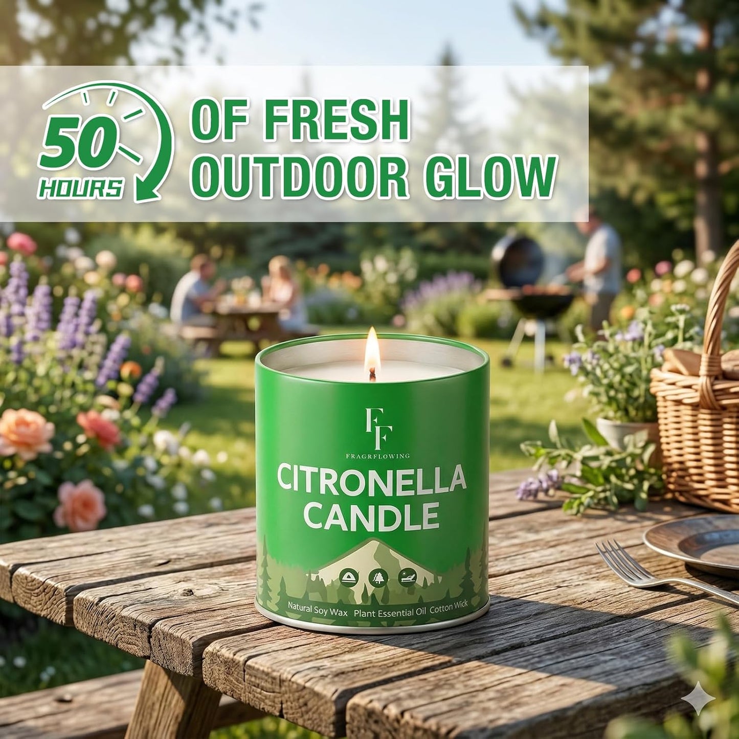 Citronella Candles Outdoor, Indoor Lemongrass Scented Candles with Citronella Essential Oil Roll On, Natural Soy Wax Jar Candle for Outside Camping Patio, 200-Hour Burn Time, 9 oz (4 Pack)