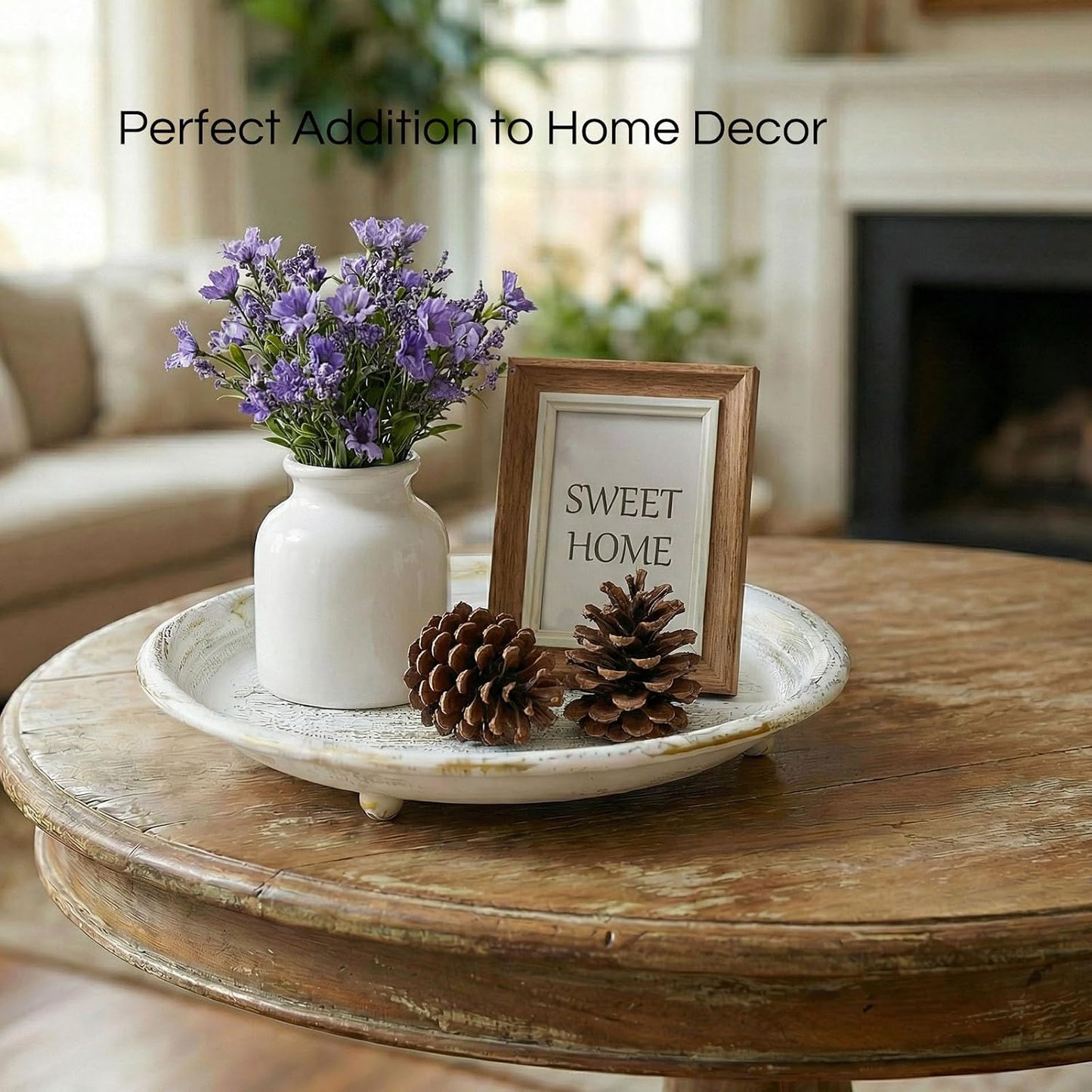 10” Candle Holder Plate Tray for Coffee Table Decor, Dining Table Centerpiece, Rustic Farmhouse Home Decoration - White