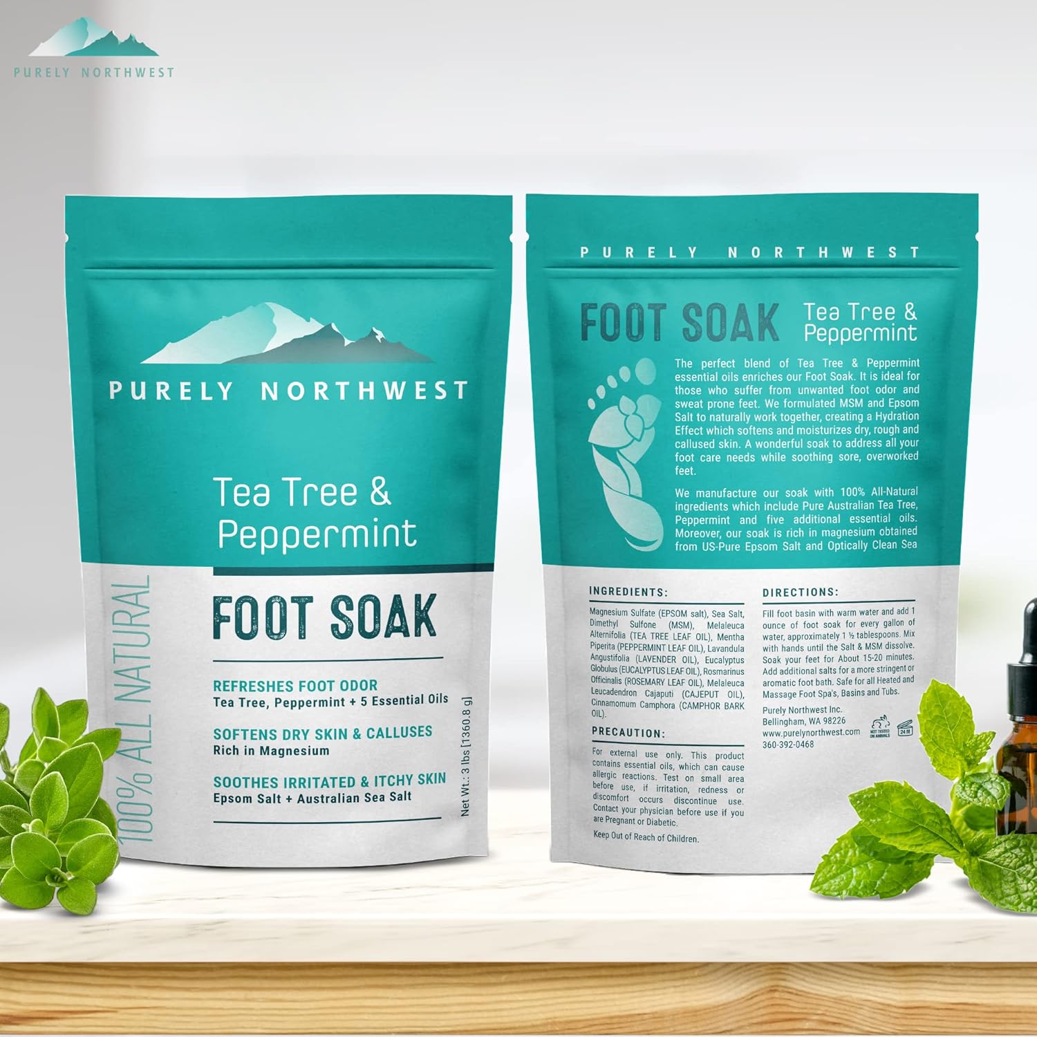 Purely Northwest-Tea Tree, Peppermint, MSM & Epsom Salt Foot Soak-for Stubborn Foot Odor, Burning & Itching associated with Athletes Foot- Softens Dry Skin & Calloused Heels-1 Pound
