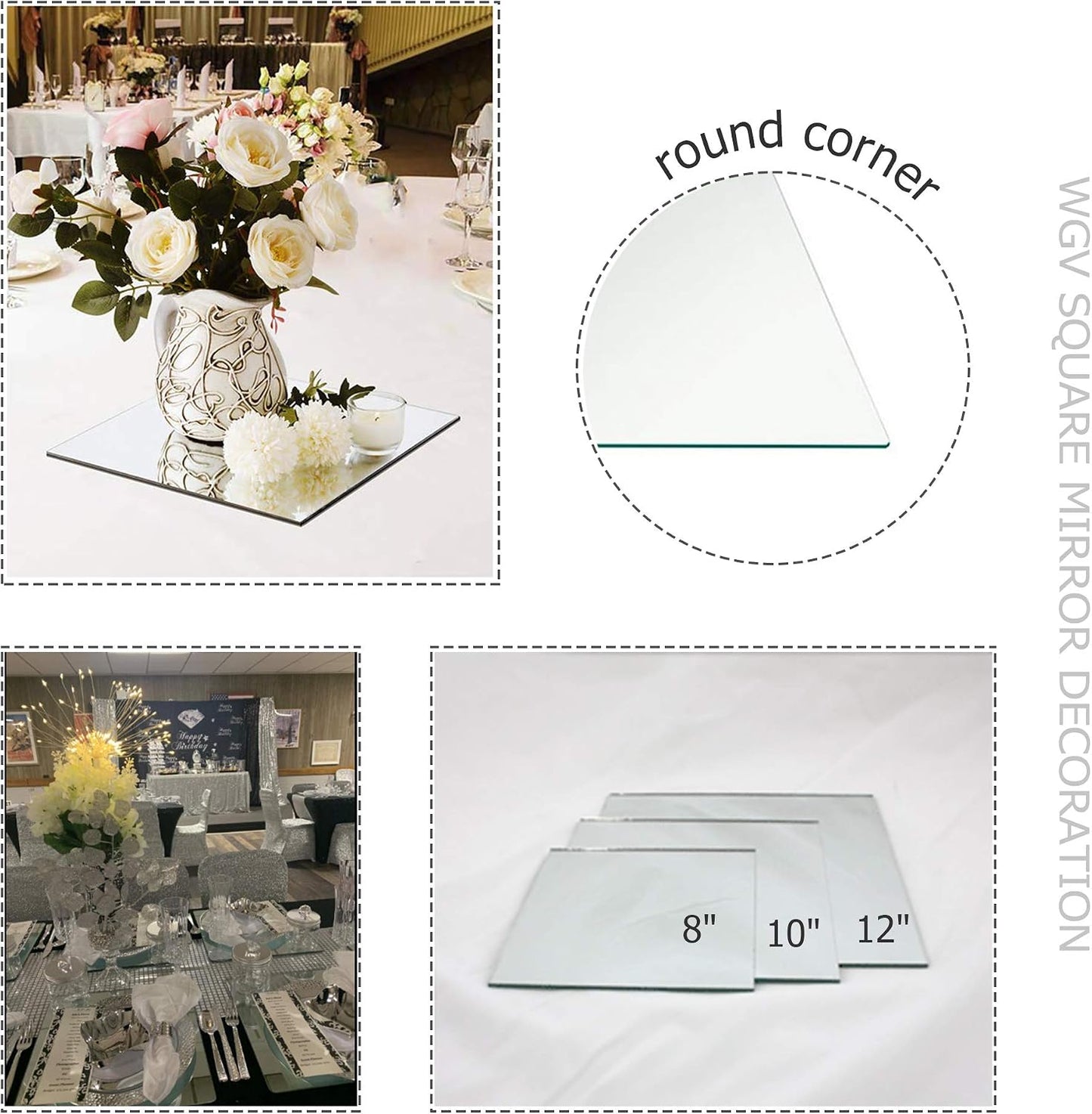 WGVI WGV Large Square Mirror Plate 14" Width, 4.5 mm Thickness, Frameless Sanded Edges, Quality Thick Candle Tray, Home Event Party Wedding Table Centerpiece Wall Decor, 1 Piece
