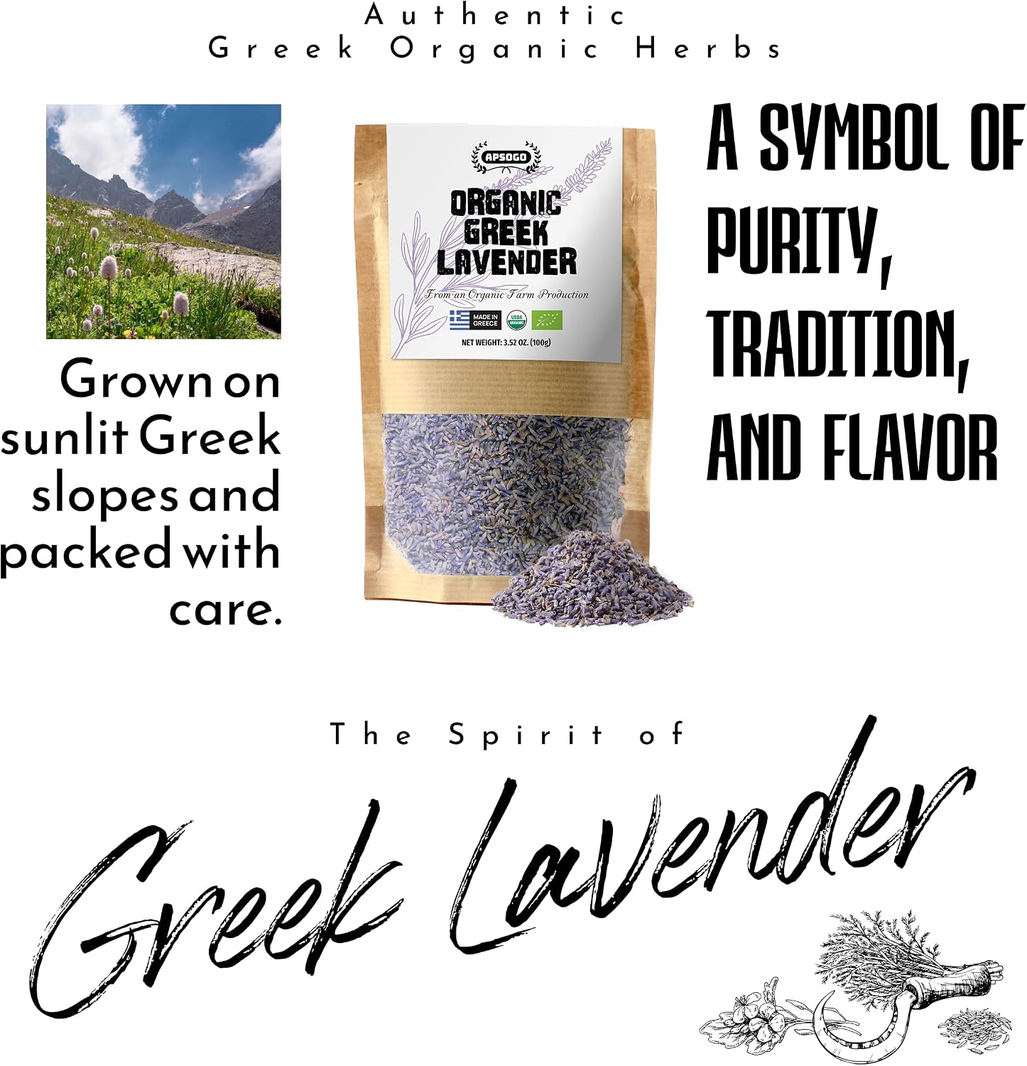 Apsogo Organic Greek Lavender - Dried Culinary Lavender for Tea, 1.76oz | Single-origin Lavandula angustifolia, hand-harvested in the Peloponnese. Whole dried lavender for tea, baking and syrups